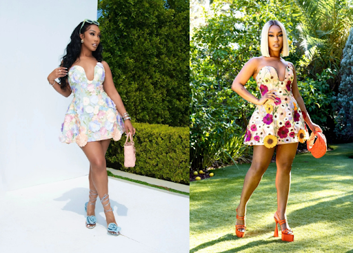 Woman wearing floral dress with pretty 3D print.