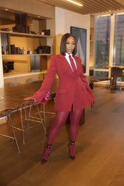 Velora Burgundy Pinstripe Blazer Dress