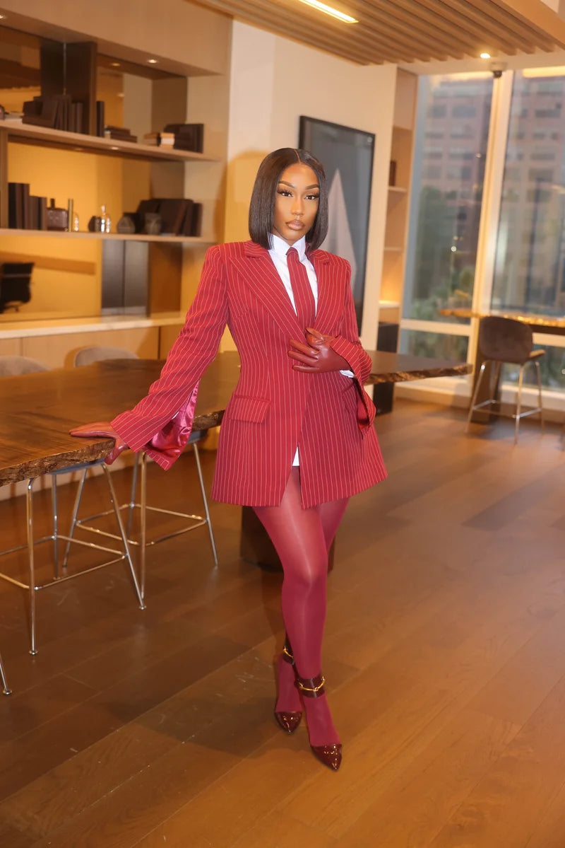 Velora Burgundy Pinstripe Blazer Dress