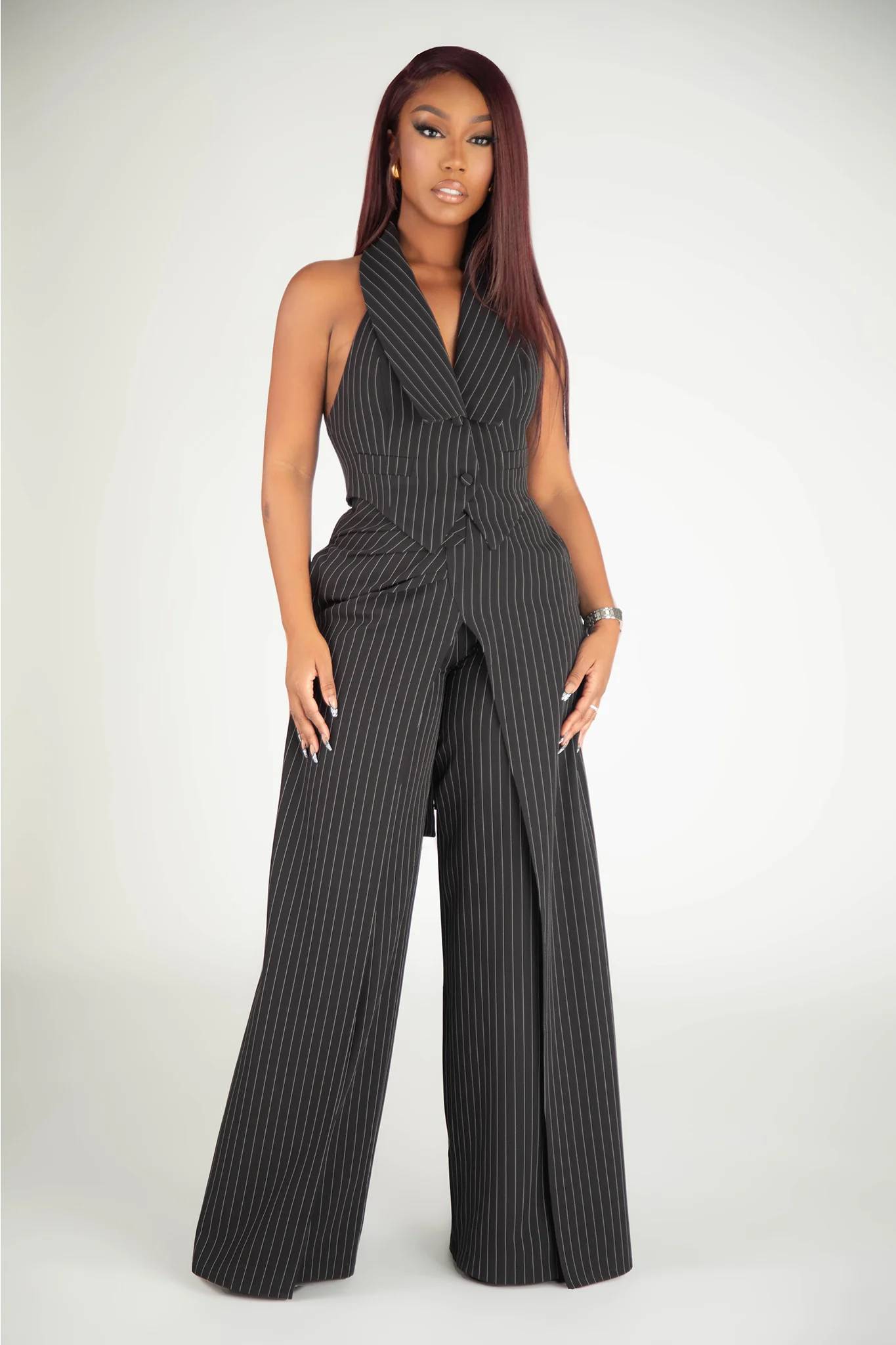 Timeless Moment Black Pinstripe Halter Vest Clothing Ellaé Lisqué