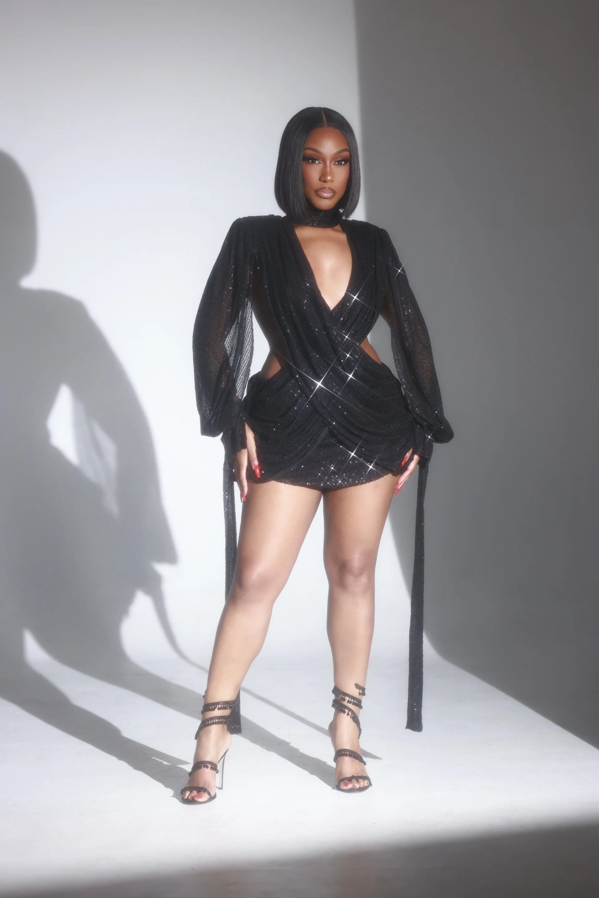 Athena Black Sequin Cutout Drape Mini Dress Clothing Ellaé Lisqué