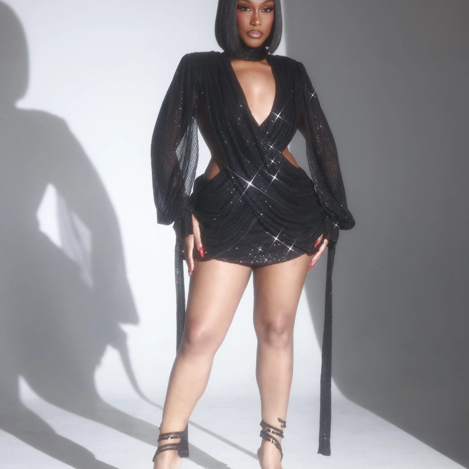 Athena Black Sequin Cutout Drape Mini Dress Clothing Ellaé Lisqué