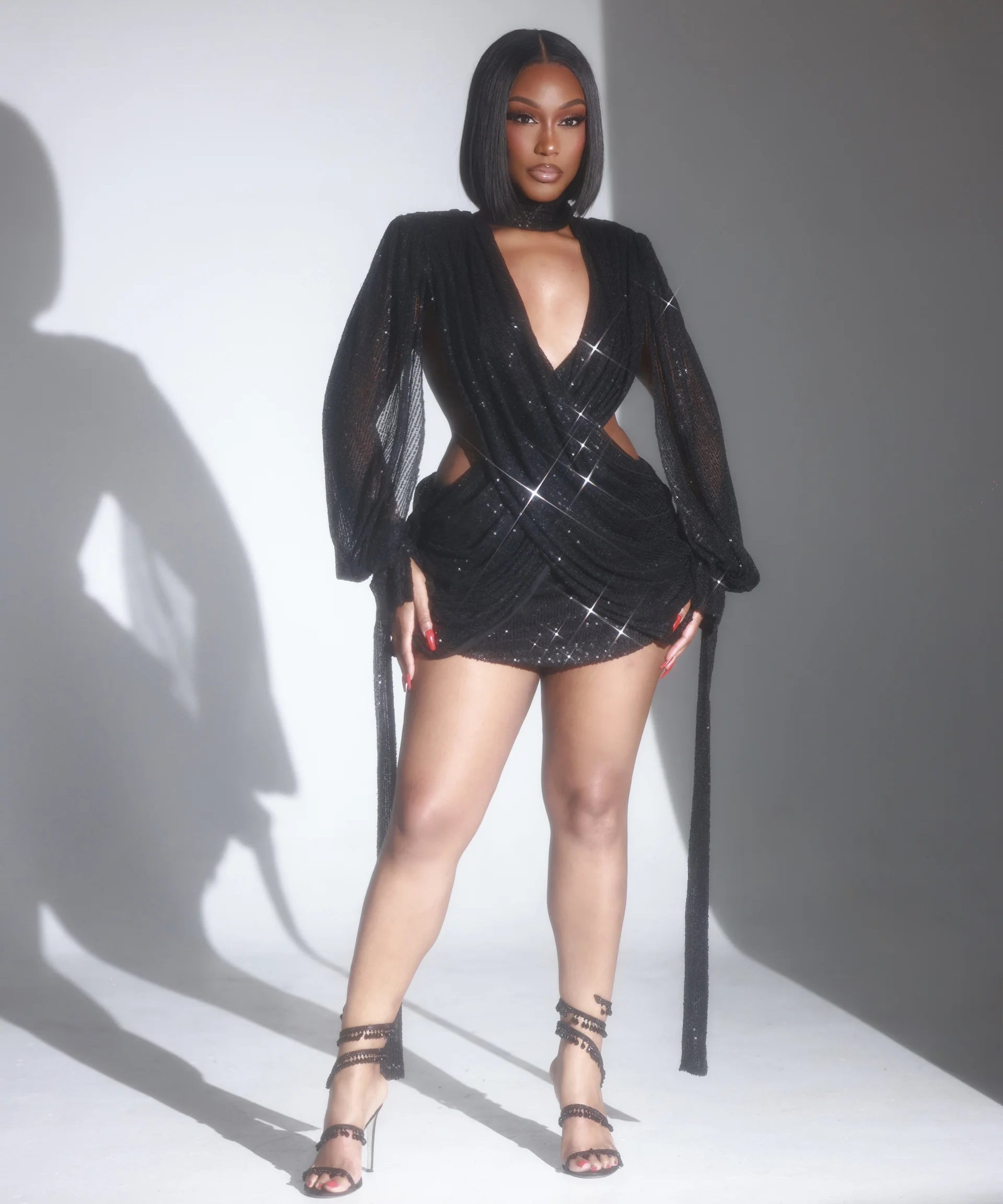 Athena Black Sequin Cutout Drape Mini Dress Clothing Ellaé Lisqué