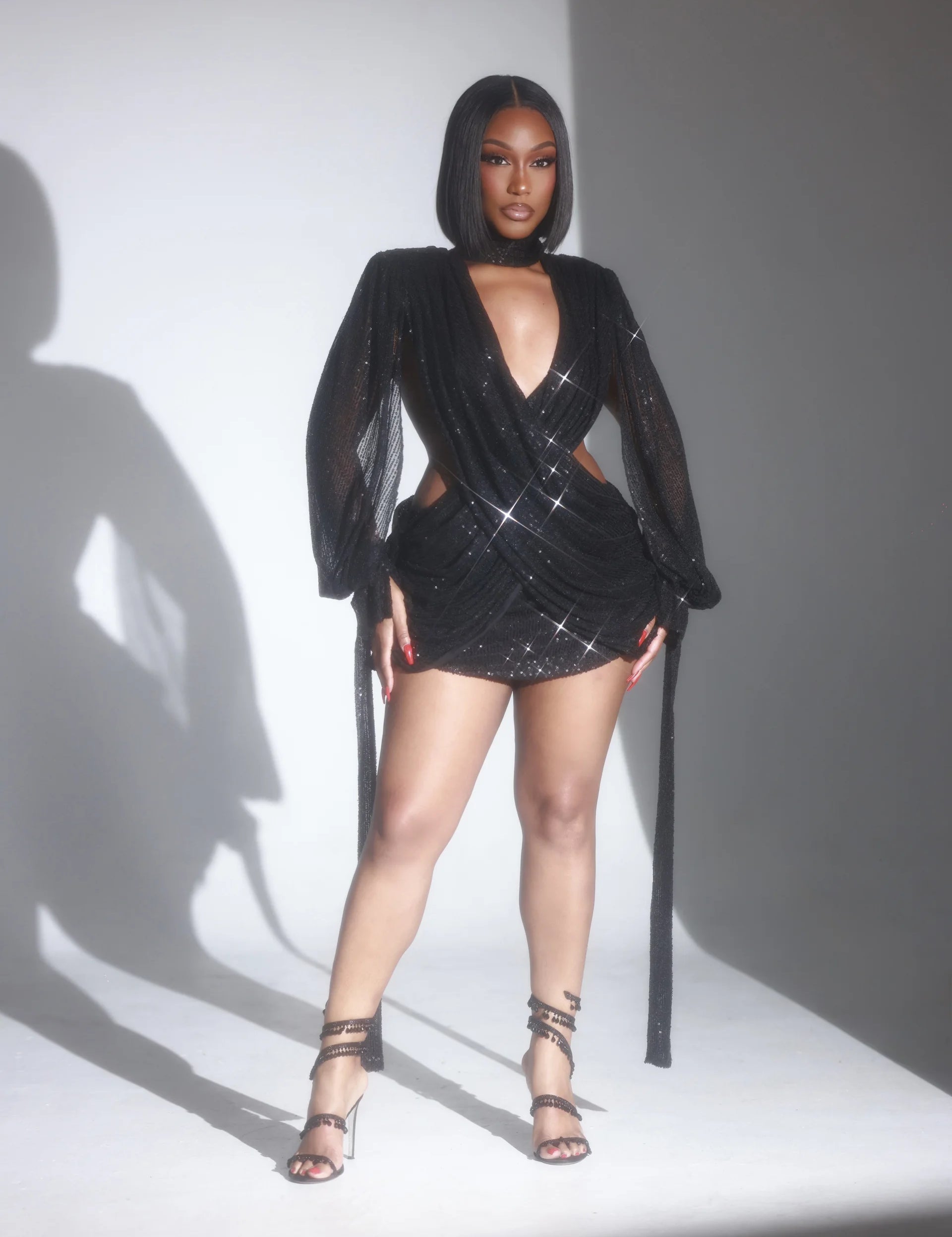 Athena Black Sequin Cutout Drape Mini Dress Clothing Ellaé Lisqué