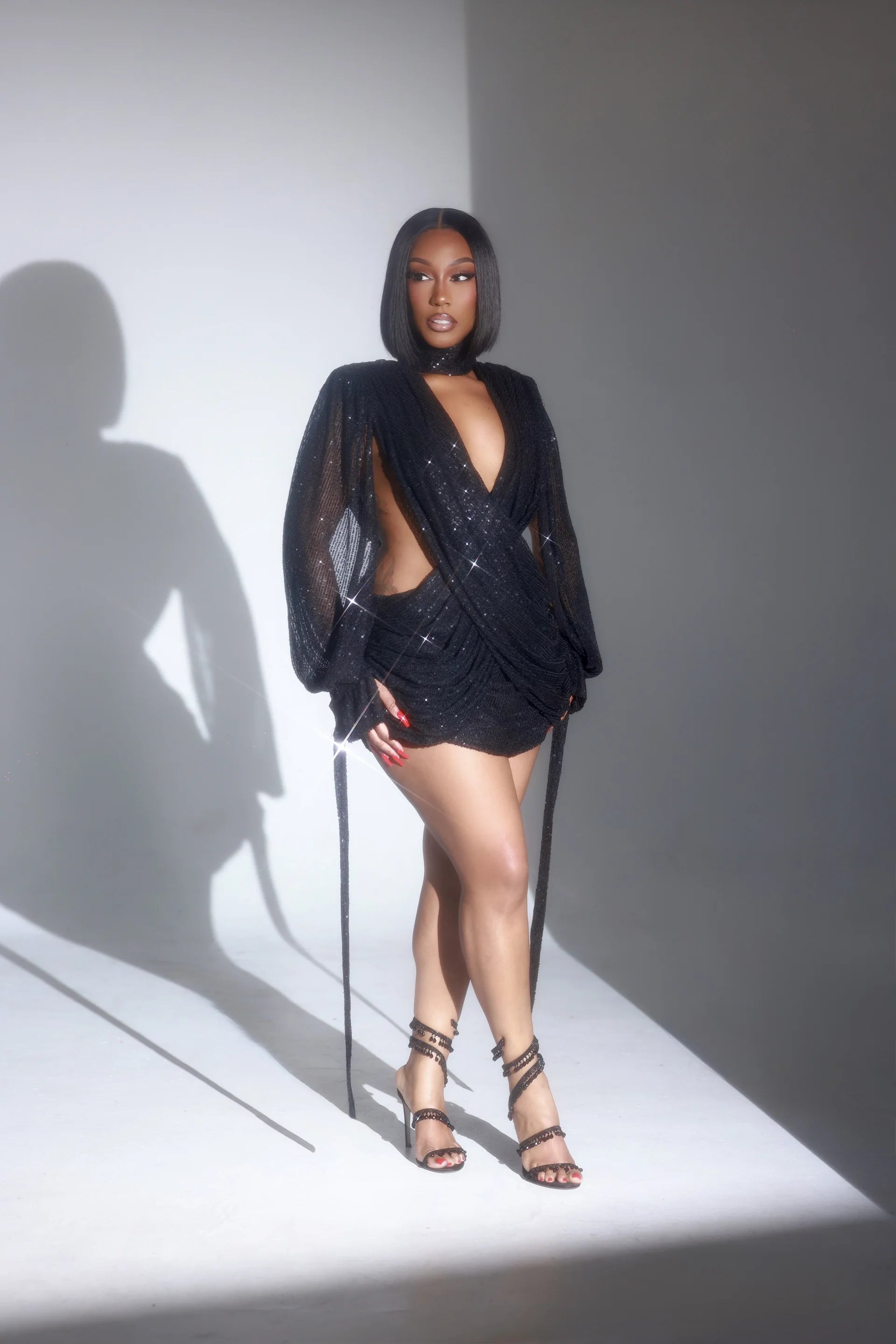 Athena Black Sequin Cutout Drape Mini Dress Clothing Ellaé Lisqué