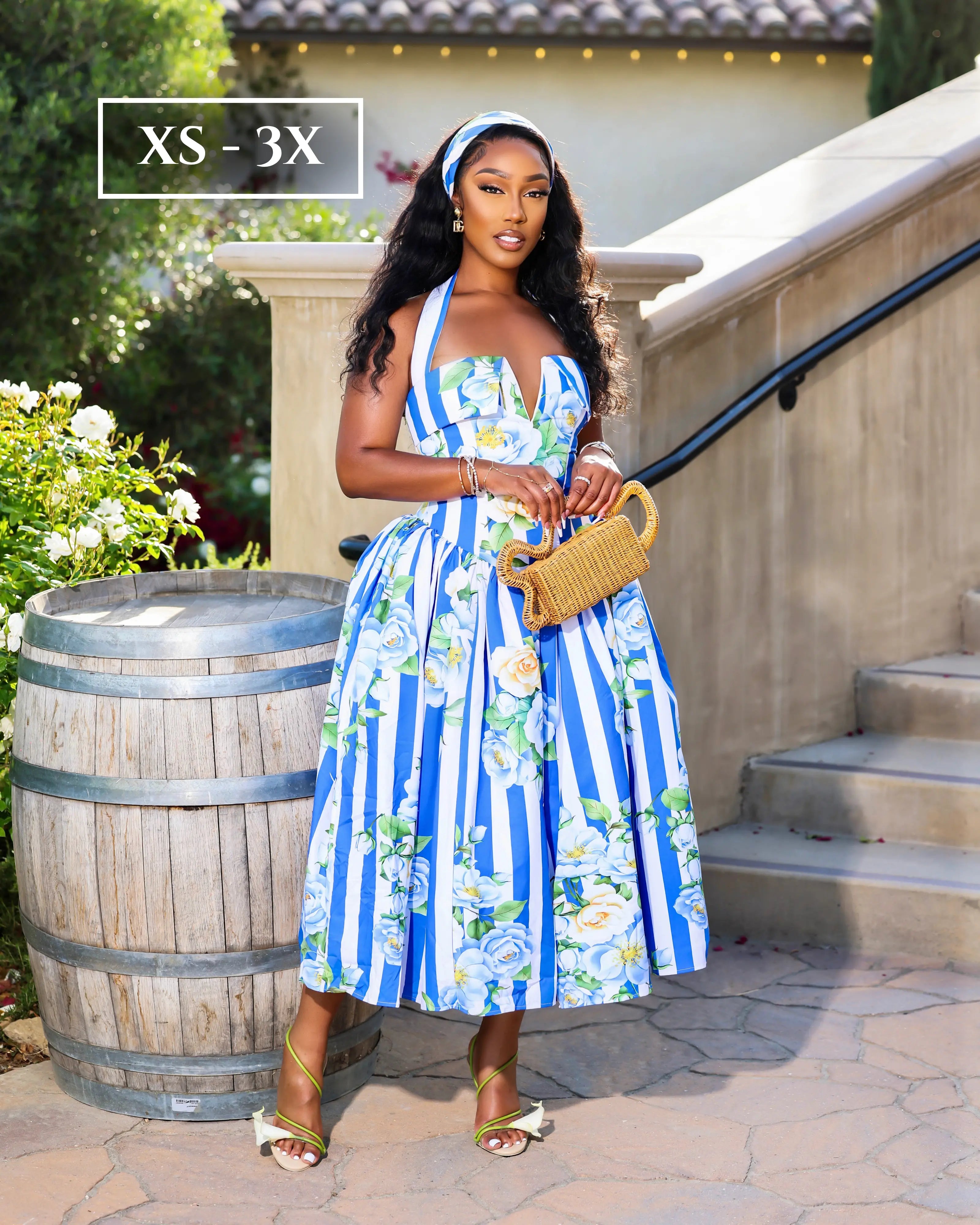 Celine Blue Striped Floral Corset Maxi Dress Clothing Ellaé Lisqué