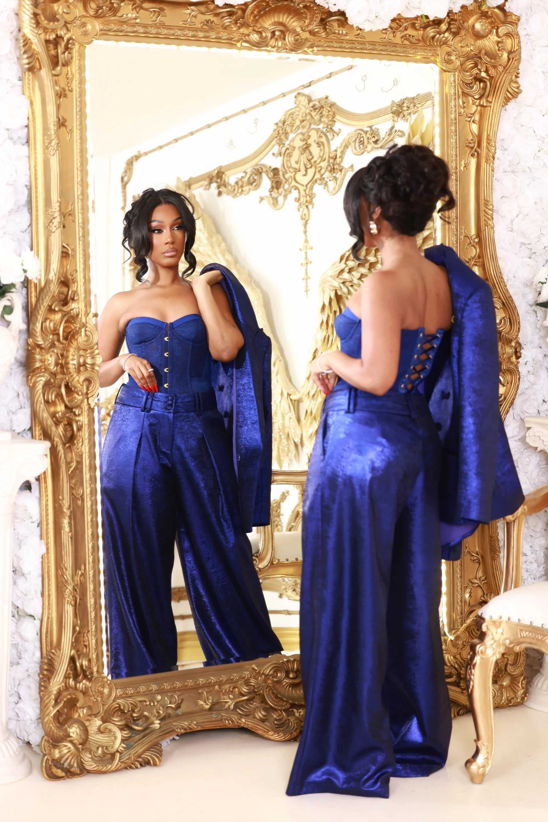 Dahlia Blue Metallic Wide Leg Pants Clothing Ellaé Lisqué