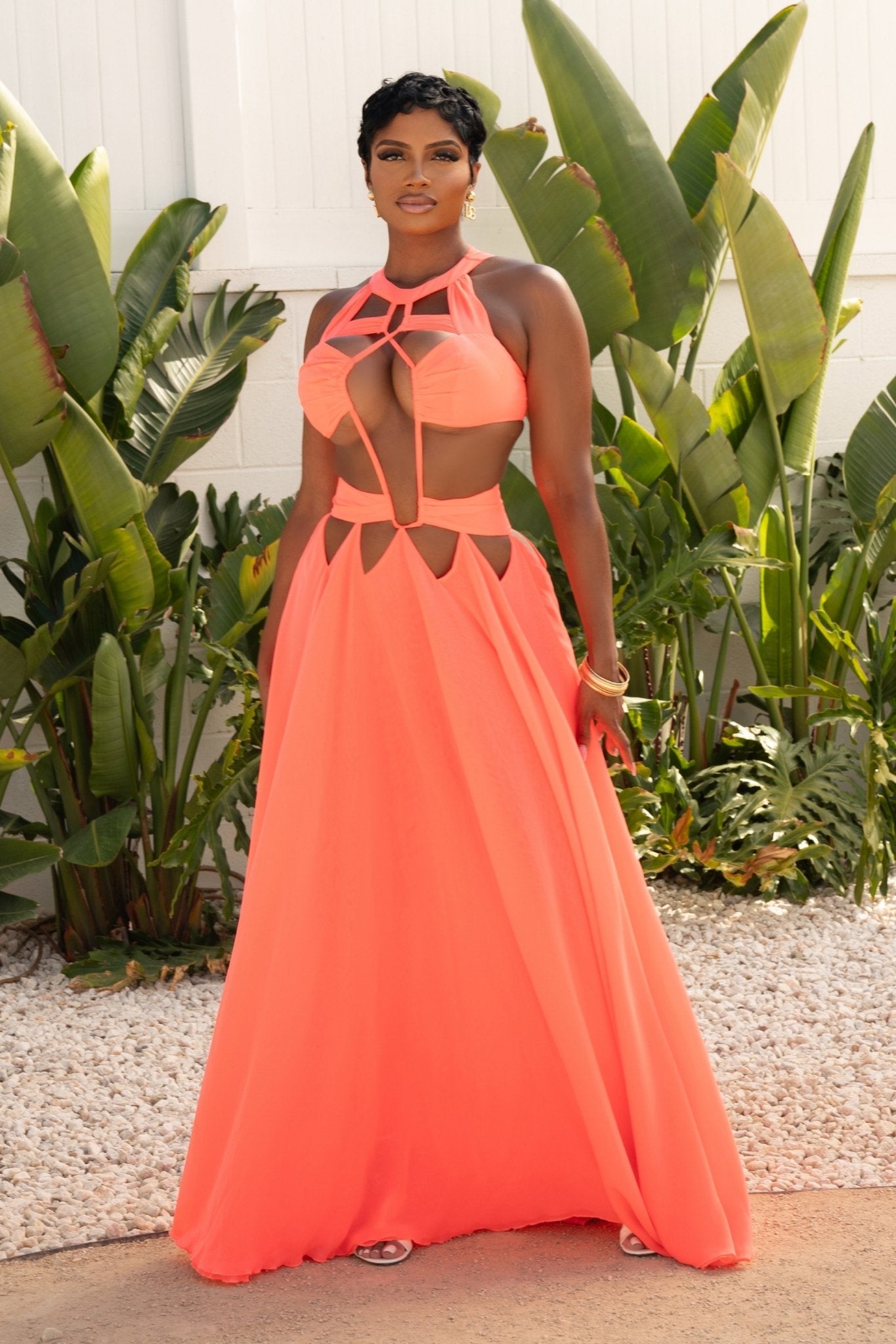 Summer Stunner Coral Chiffon Maxi Dress Dresses Ellaé Lisqué