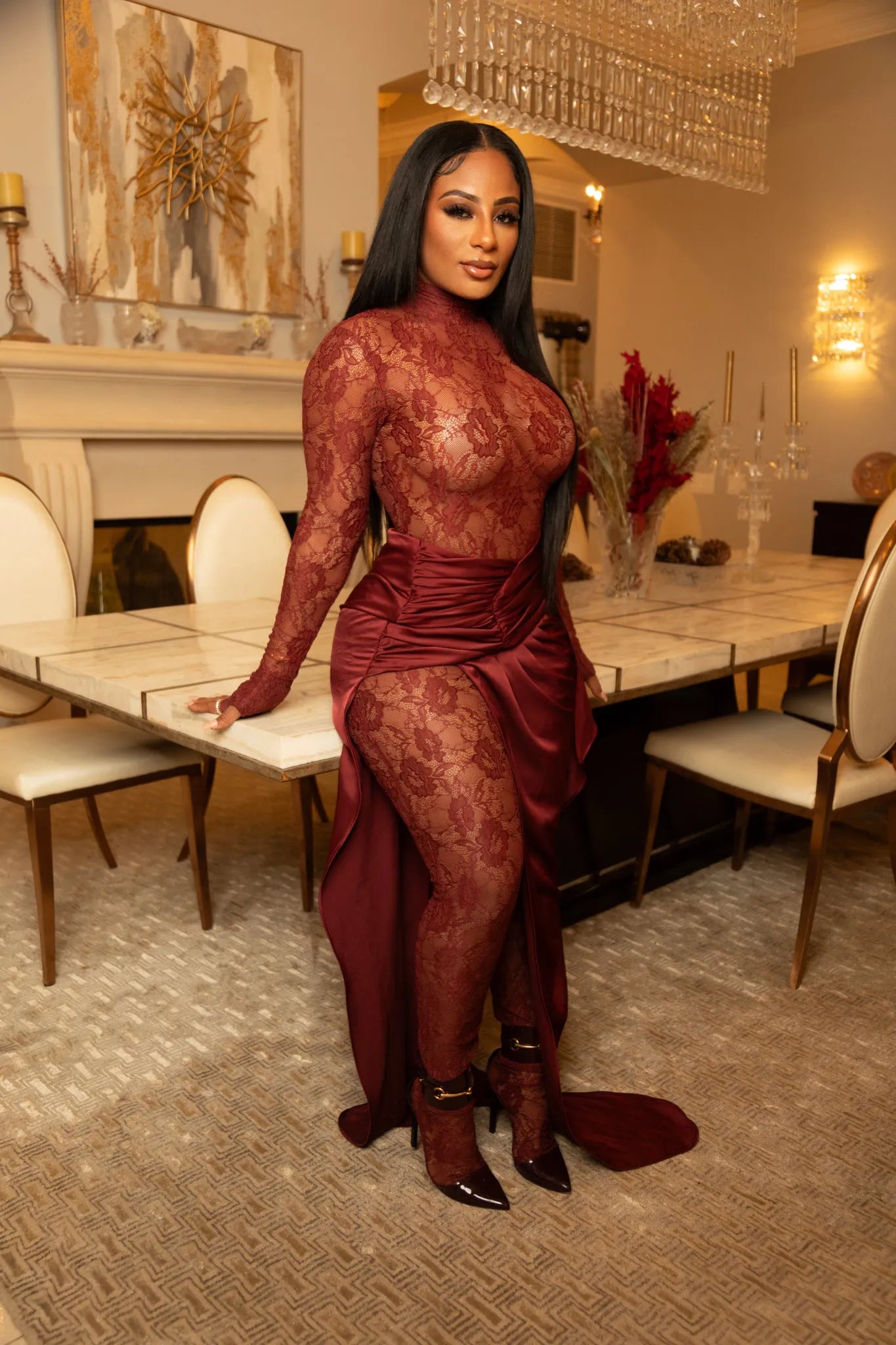 Fall in Love Wine Red Lace Catsuit Dresses Ellaé Lisqué