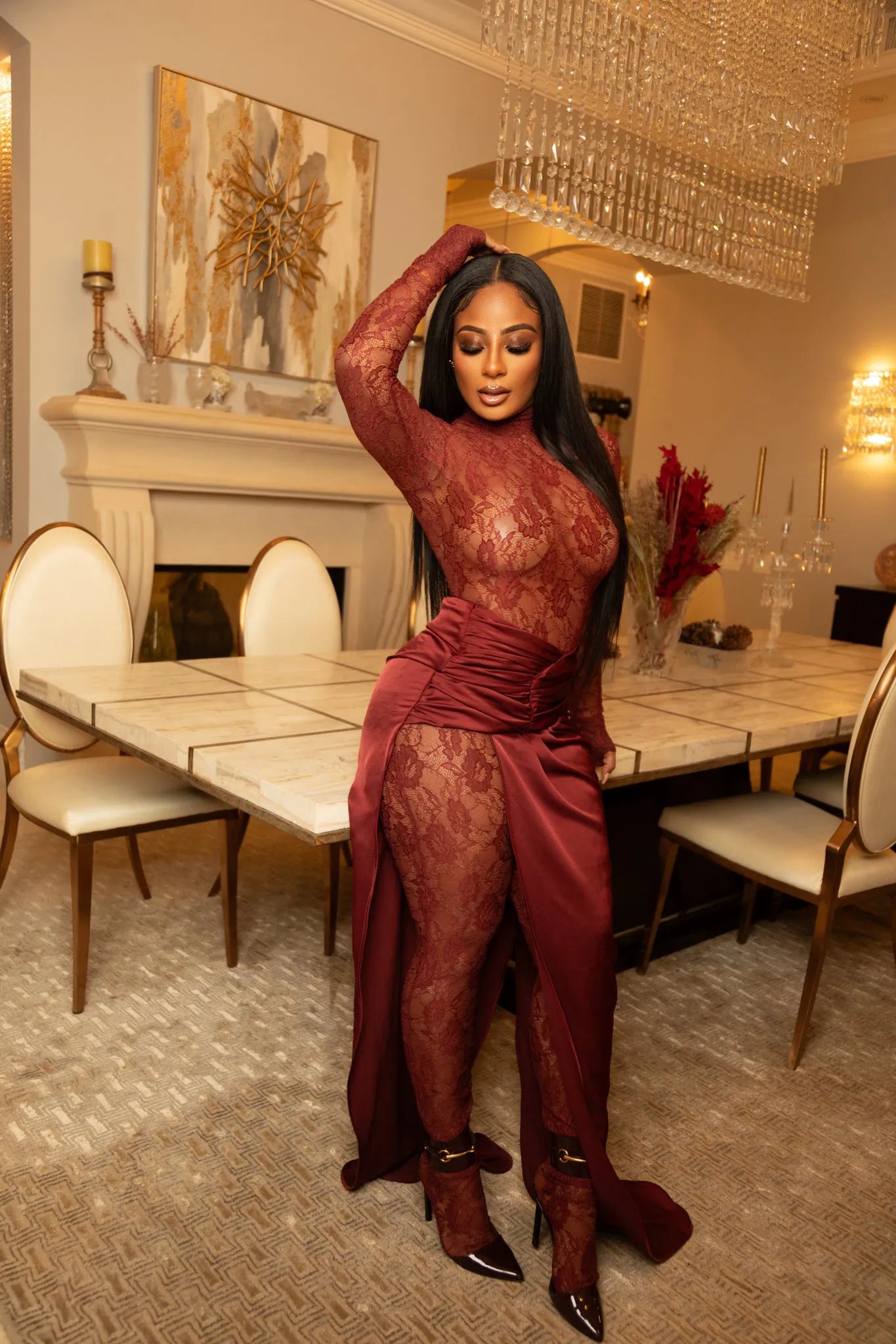 Fall in Love Wine Red Lace Catsuit Dresses Ellaé Lisqué