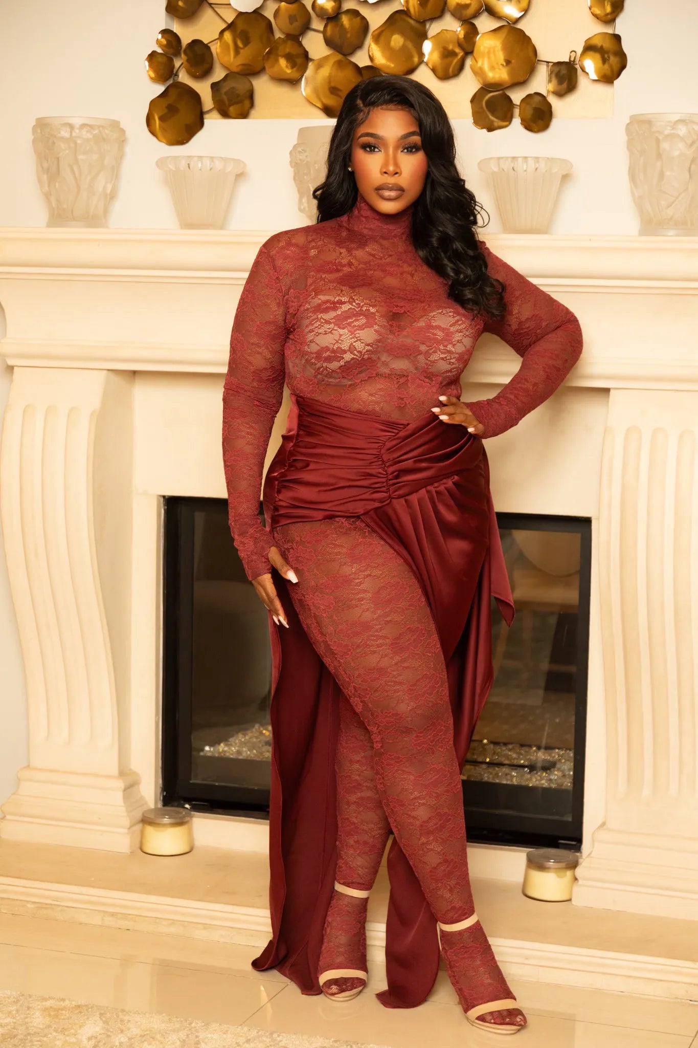 Fall in Love Wine Red Lace Catsuit Dresses Ellaé Lisqué
