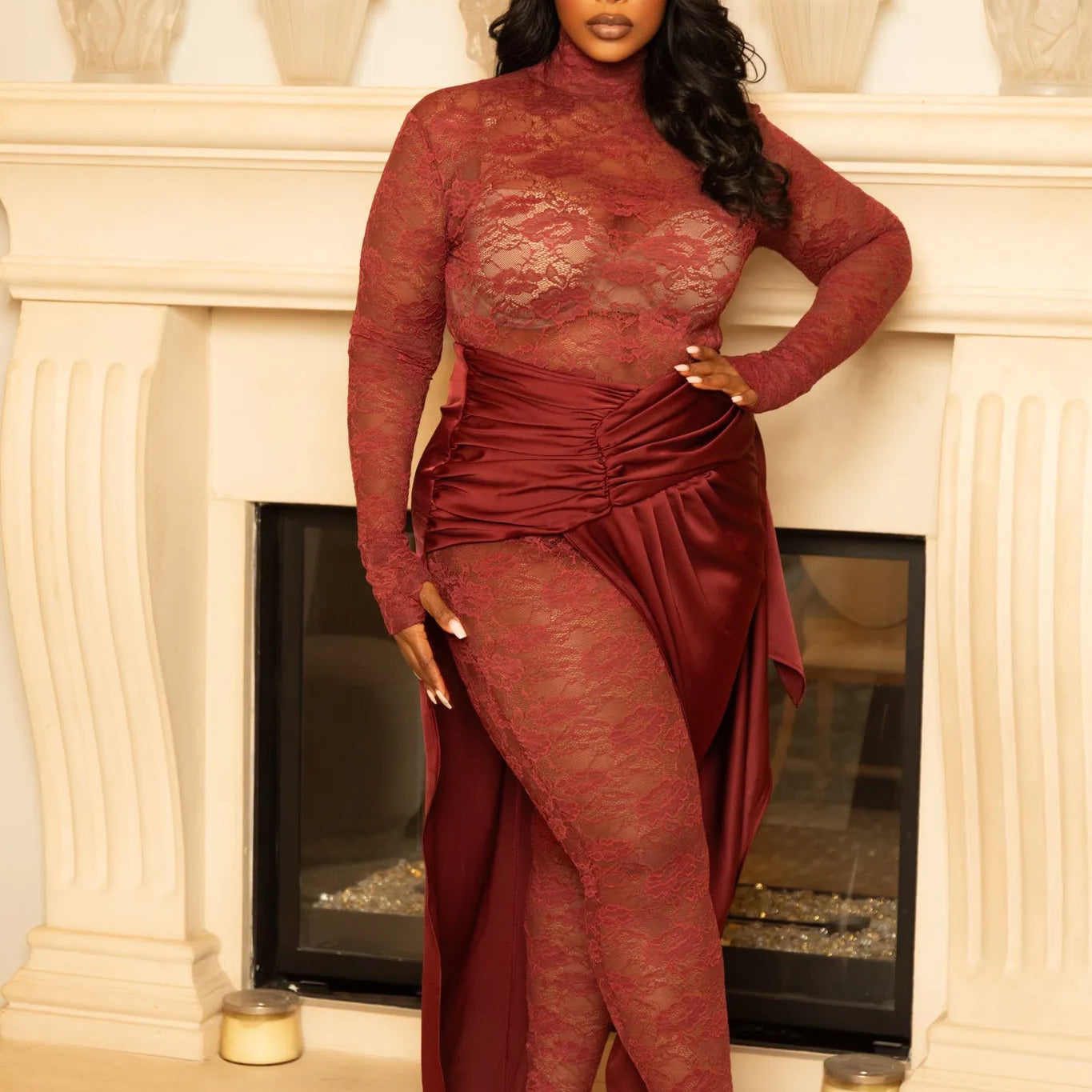 Fall in Love Wine Red Lace Catsuit for Curve and Plus Size Clothing Ellaé Lisqué