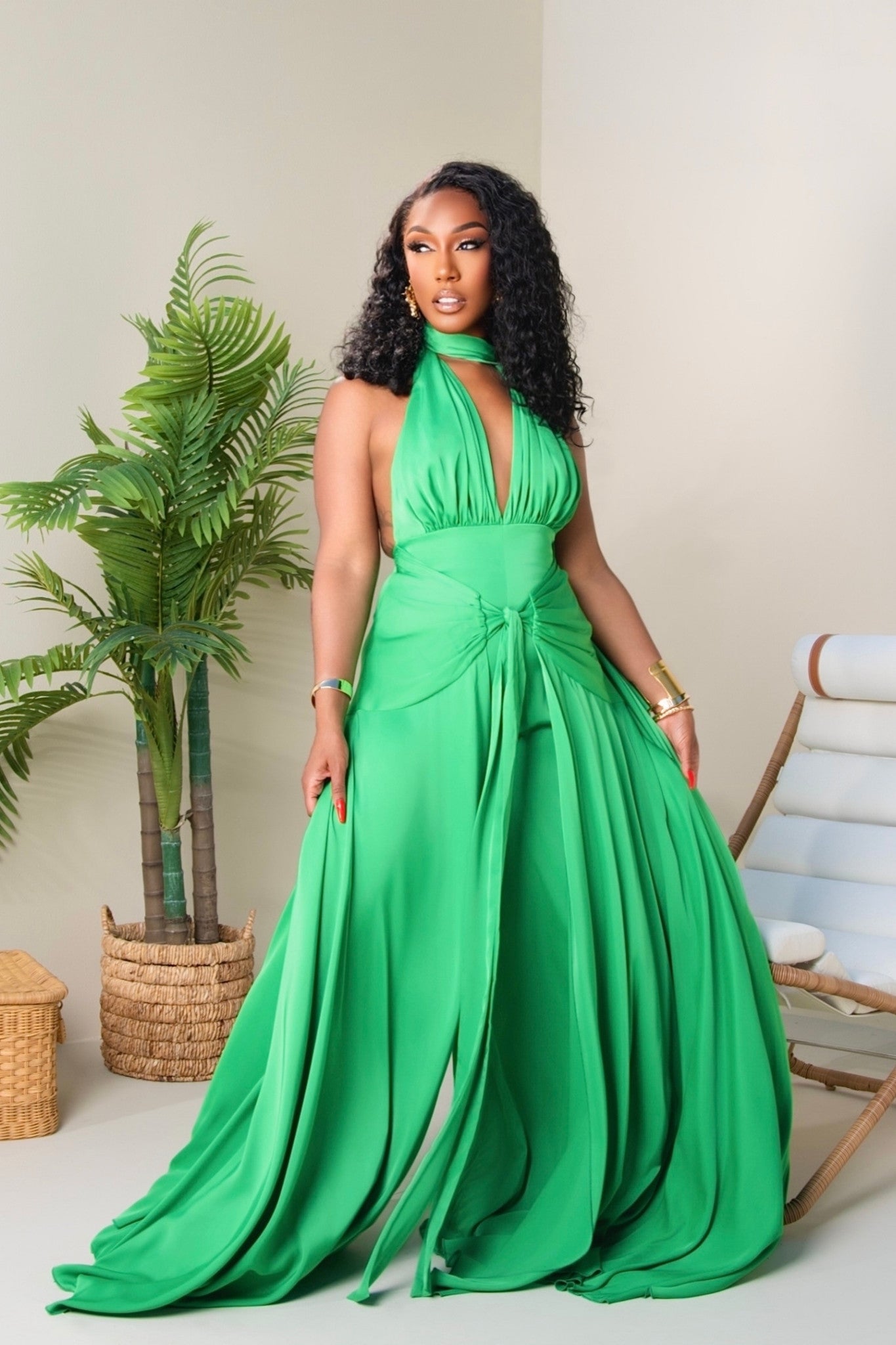 Liana Green Satin Backless Jumpsuit Clothing Ellaé Lisqué