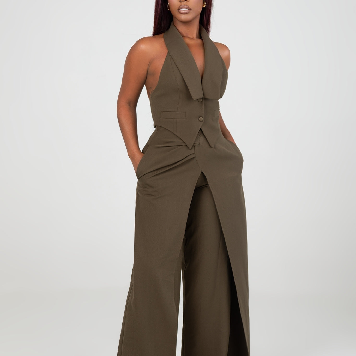 Timeless Moment Olive Open Back Vest Clothing Ellaé Lisqué