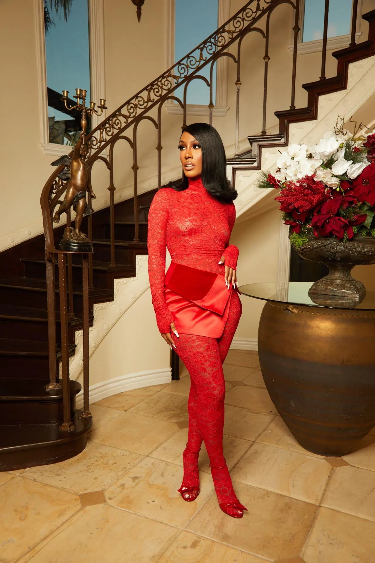 Paint the Town Red Lace Catsuit Skirt Set Clothing Ellaé Lisqué