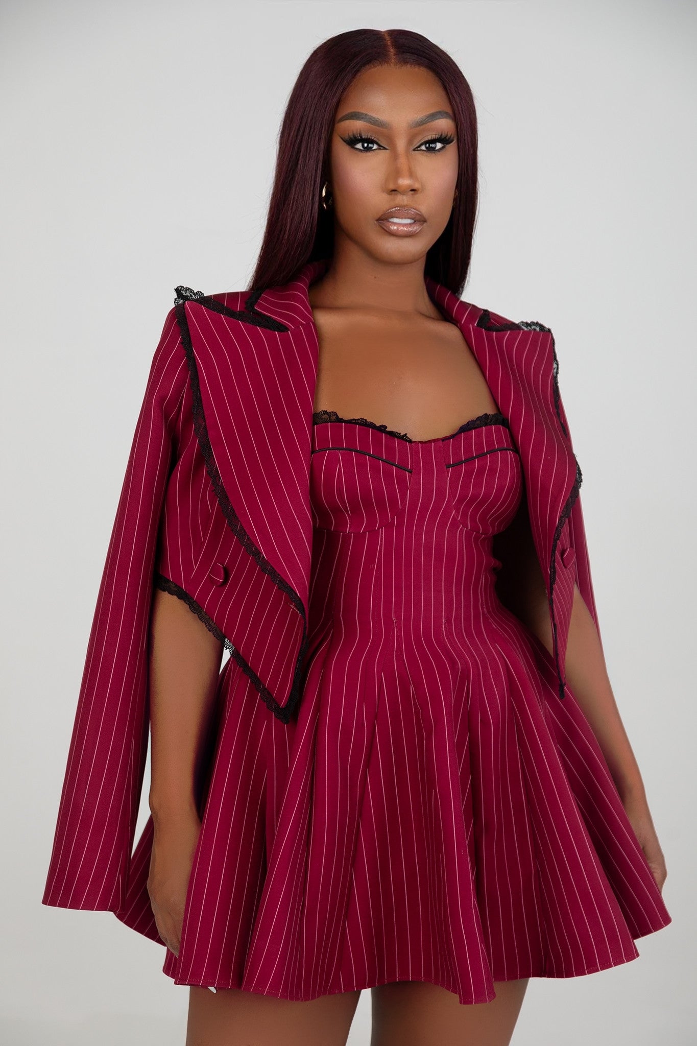 Scarlet Red Pinstripe Mini Dress Set Clothing Ellaé Lisqué