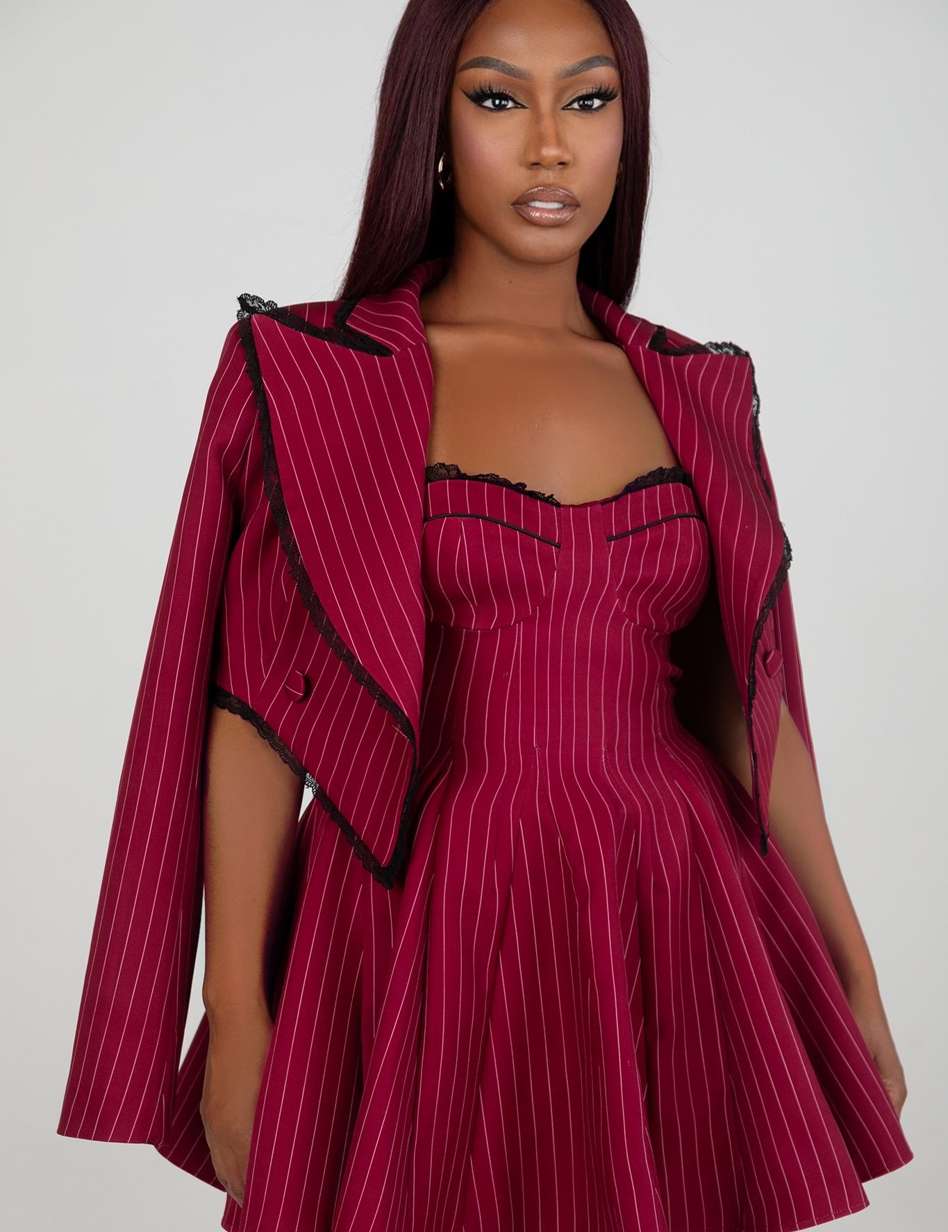 Scarlet Red Pinstripe Mini Dress Set Clothing Ellaé Lisqué