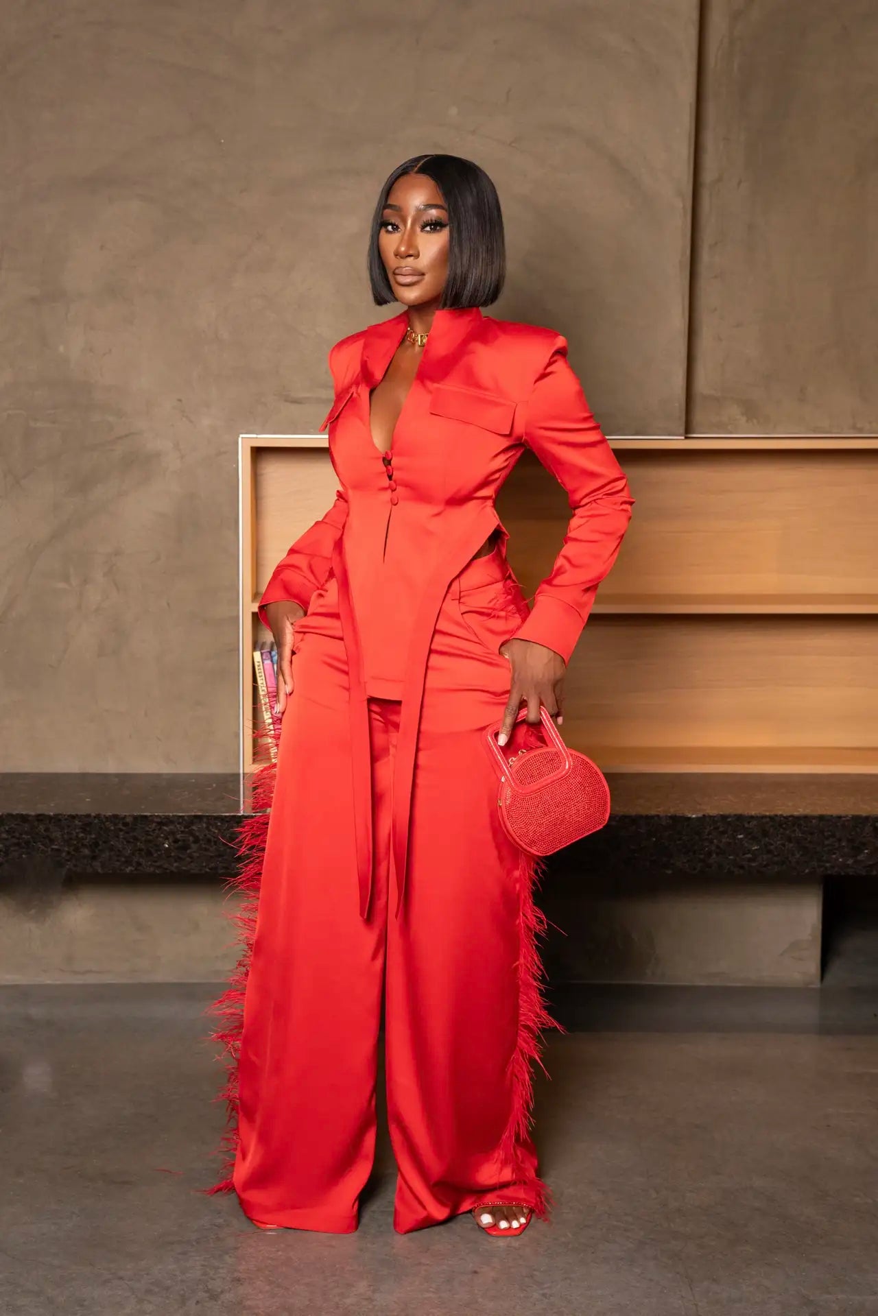 Leading Lady Red Satin Feather Suit Clothing Ellaé Lisqué