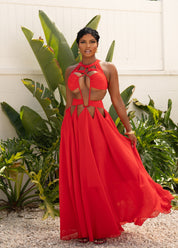 Summer Stunner Cut-out Chiffon Maxi Dress | Red