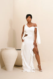 Celeste White Asymmetrical Ruffle Maxi Dress Clothing Ellaé Lisqué