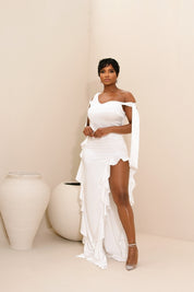 Celeste White Asymmetrical Ruffle Maxi Dress Clothing Ellaé Lisqué
