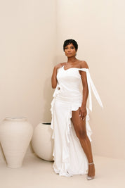Celeste White Asymmetrical Ruffle Maxi Dress Clothing Ellaé Lisqué