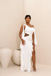 Celeste White Asymmetrical Ruffle Maxi Dress Clothing Ellaé Lisqué