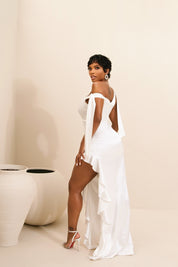 Celeste White Asymmetrical Ruffle Maxi Dress Clothing Ellaé Lisqué