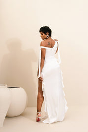 Celeste White Asymmetrical Ruffle Maxi Dress Clothing Ellaé Lisqué