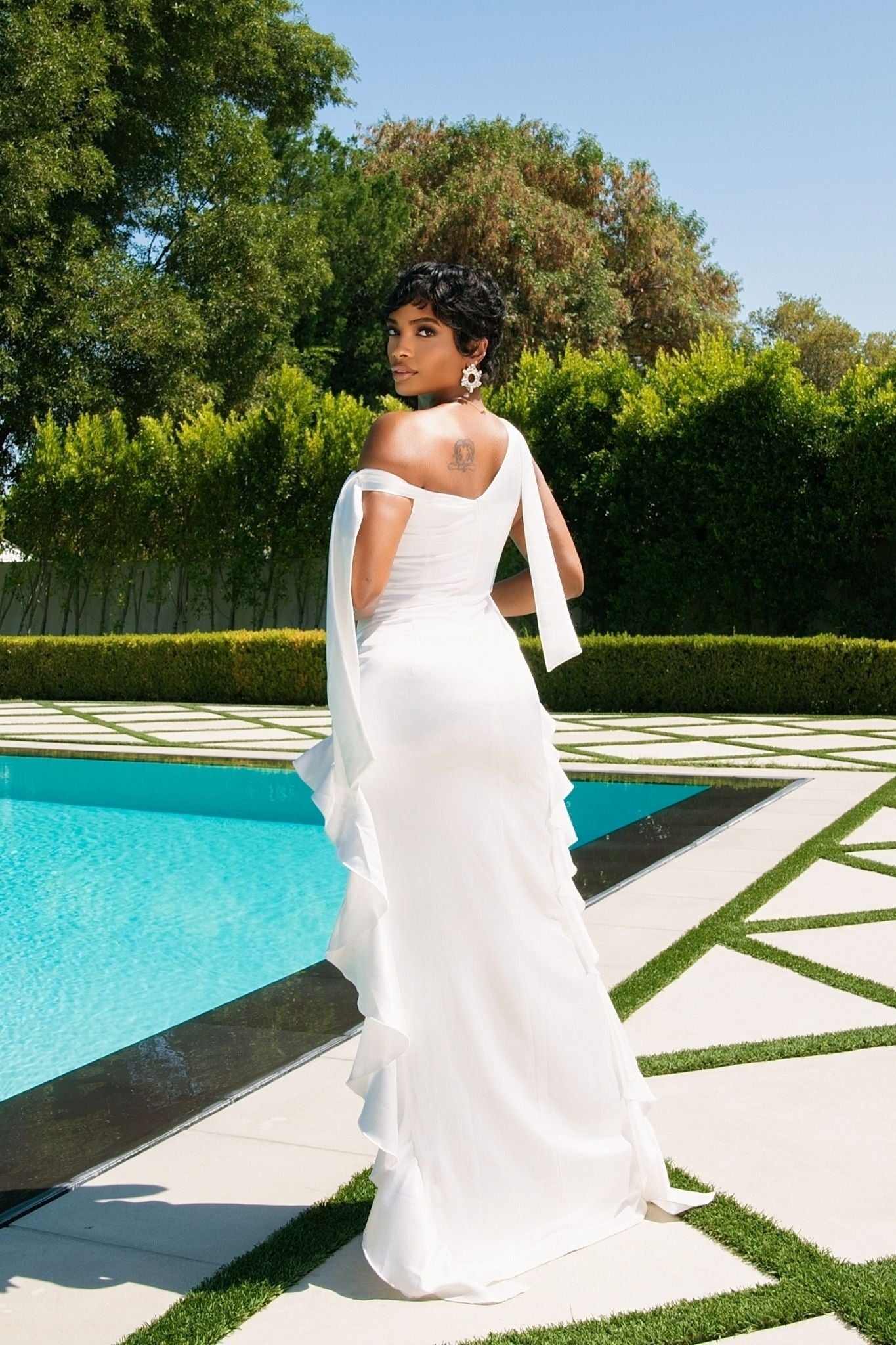 Celeste White Asymmetrical Ruffle Maxi Dress Clothing Ellaé Lisqué