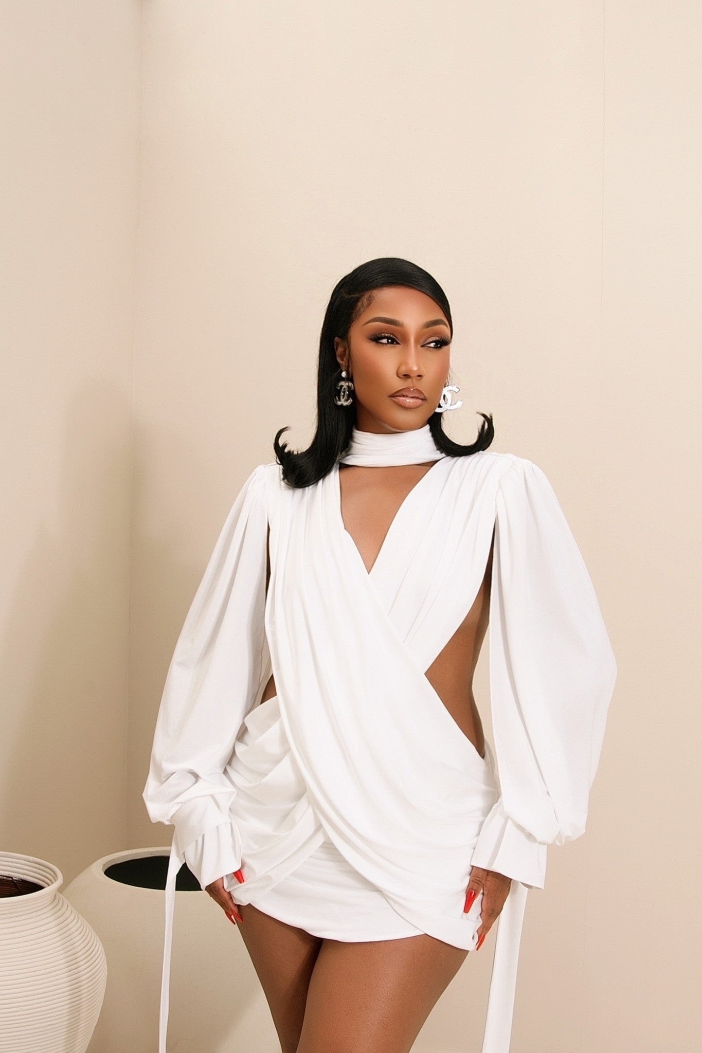 Athena White Cutout Drape Mini Dress Clothing Ellaé Lisqué