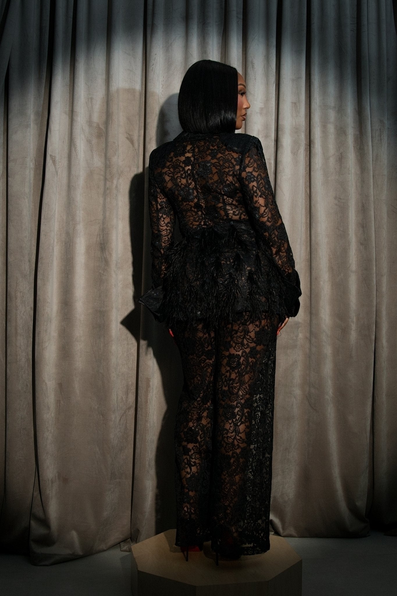 Alwina Black Lace Feather Pantsuit Clothing Ellaé Lisqué