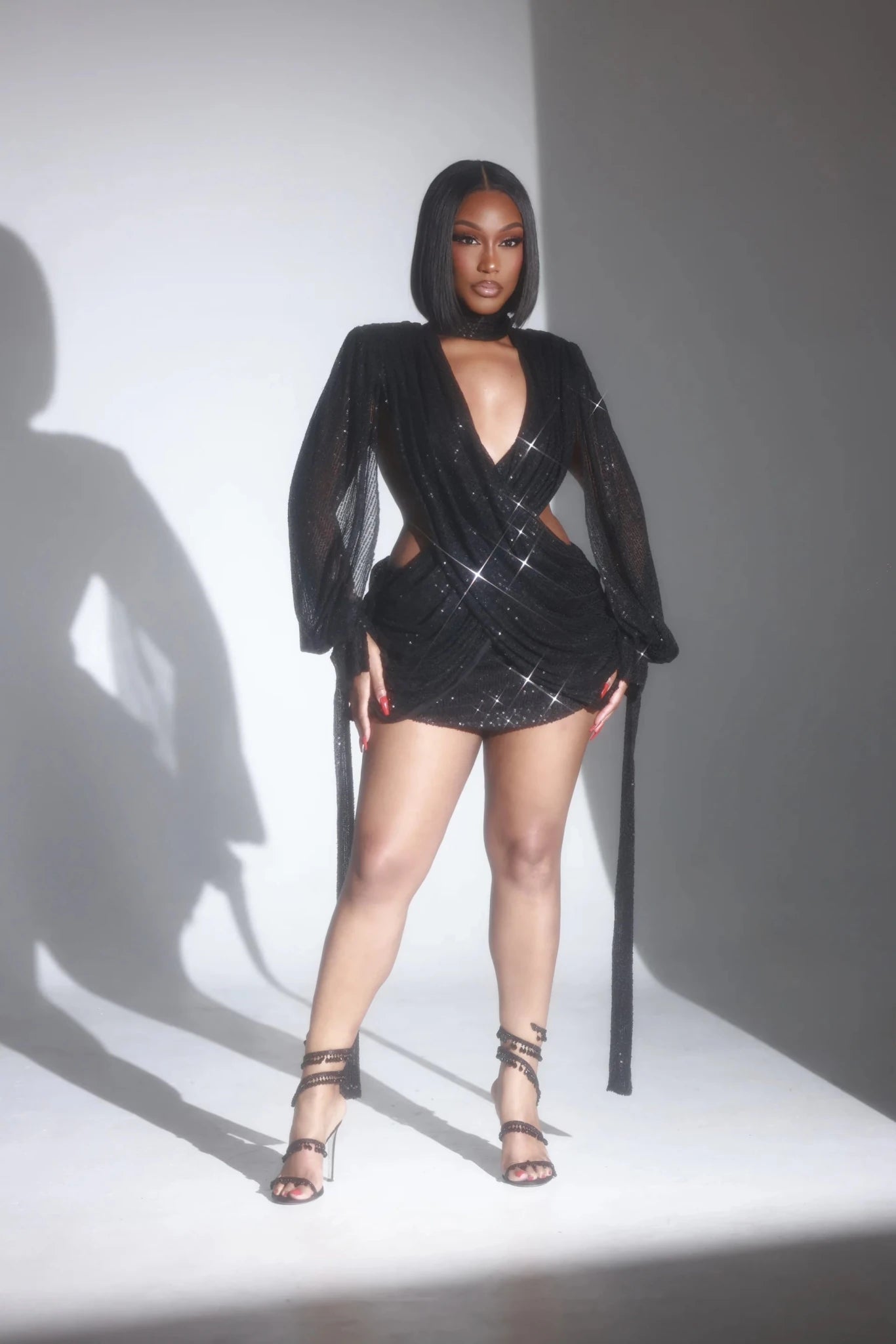 Athena Black Sequin Cutout Drape Mini Dress Clothing Ellaé Lisqué