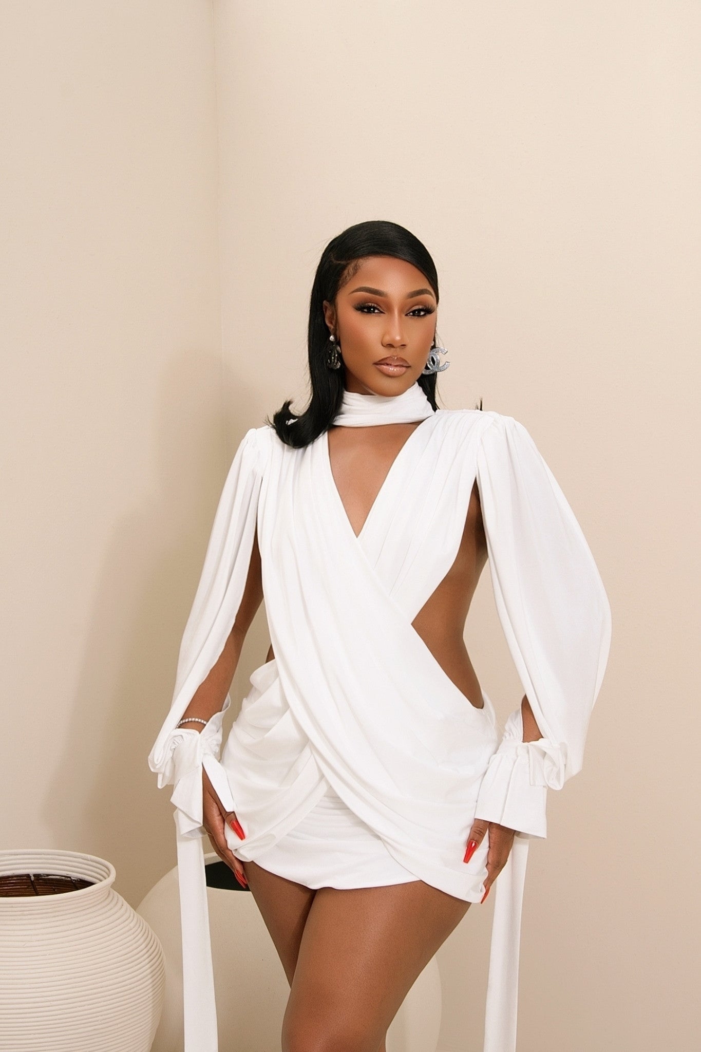 Athena White Cutout Drape Mini Dress Clothing Ellaé Lisqué