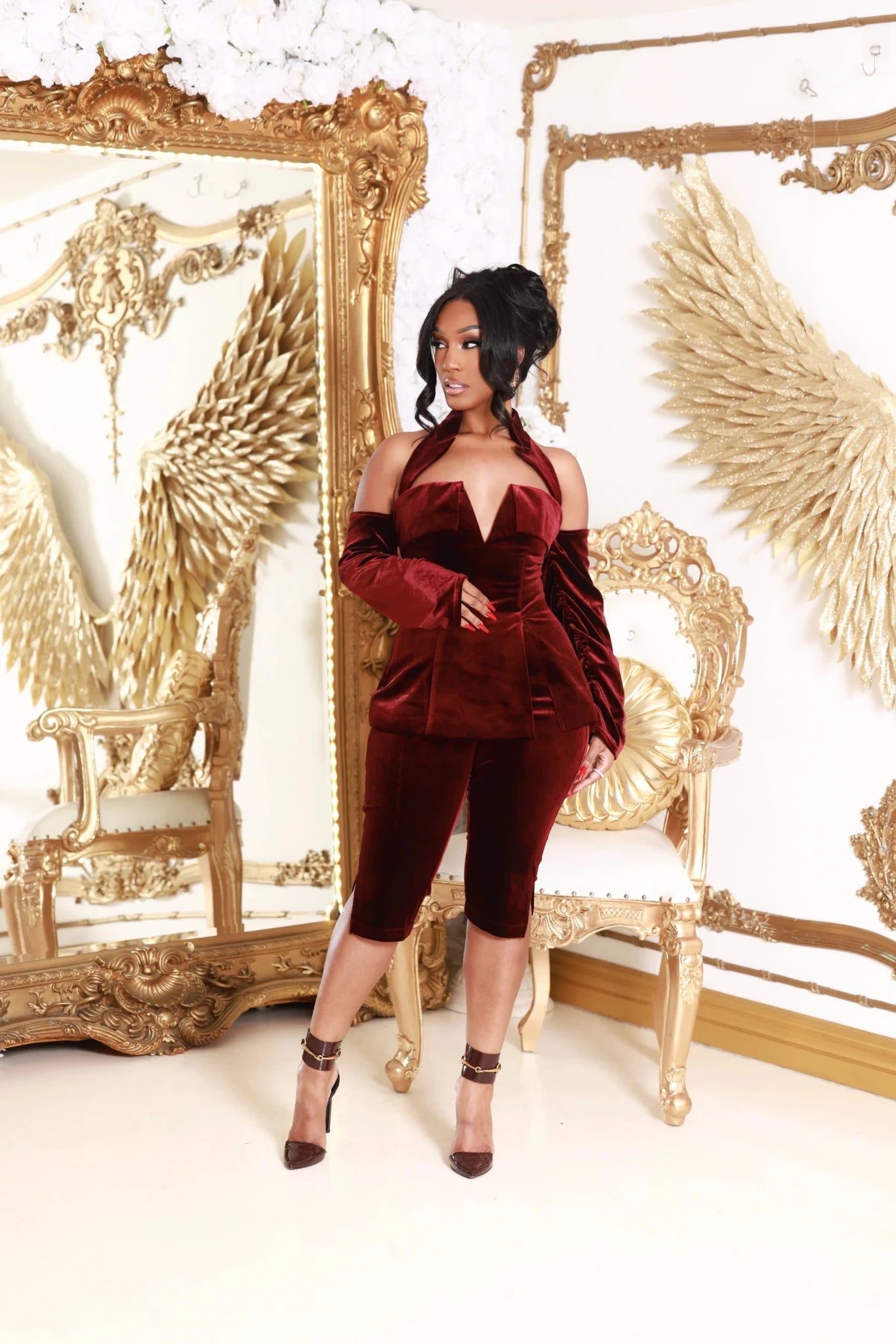 Blair Burgundy Velvet Sleeved Capri Set Clothing Ellaé Lisqué