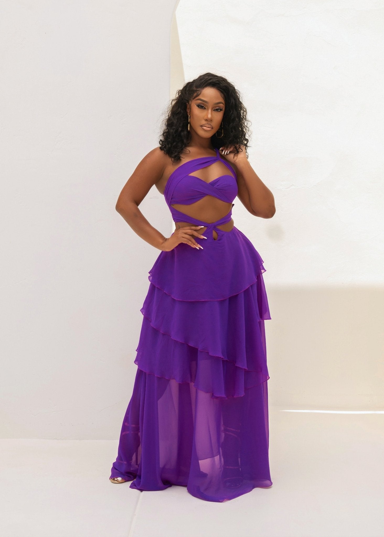 purple chiffon evening dress Luxury Purple V-Neck Beaded Chiffon Evening Dress with Cape Sleeves SS053