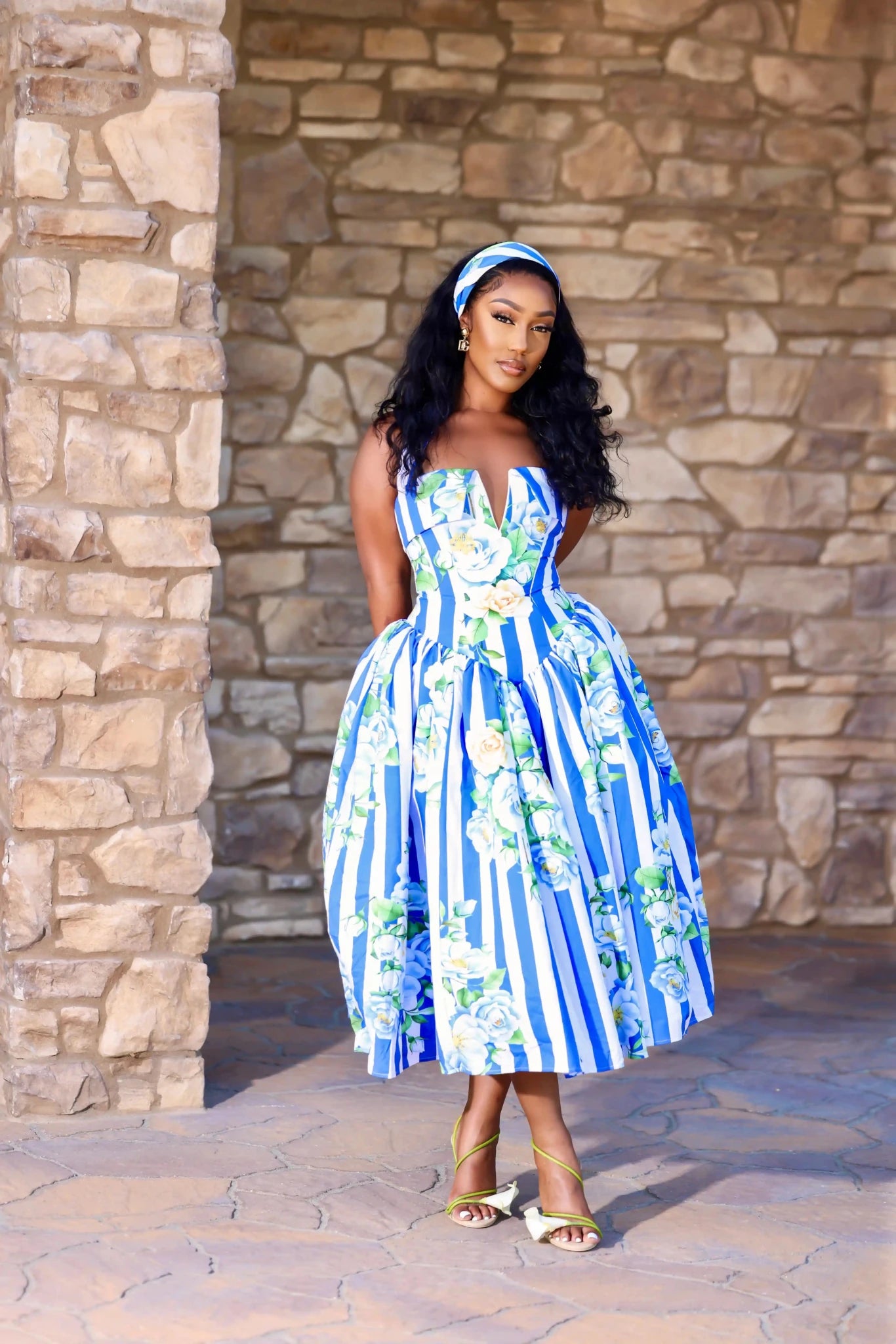 Celine Blue Striped Floral Corset Maxi Dress, M
