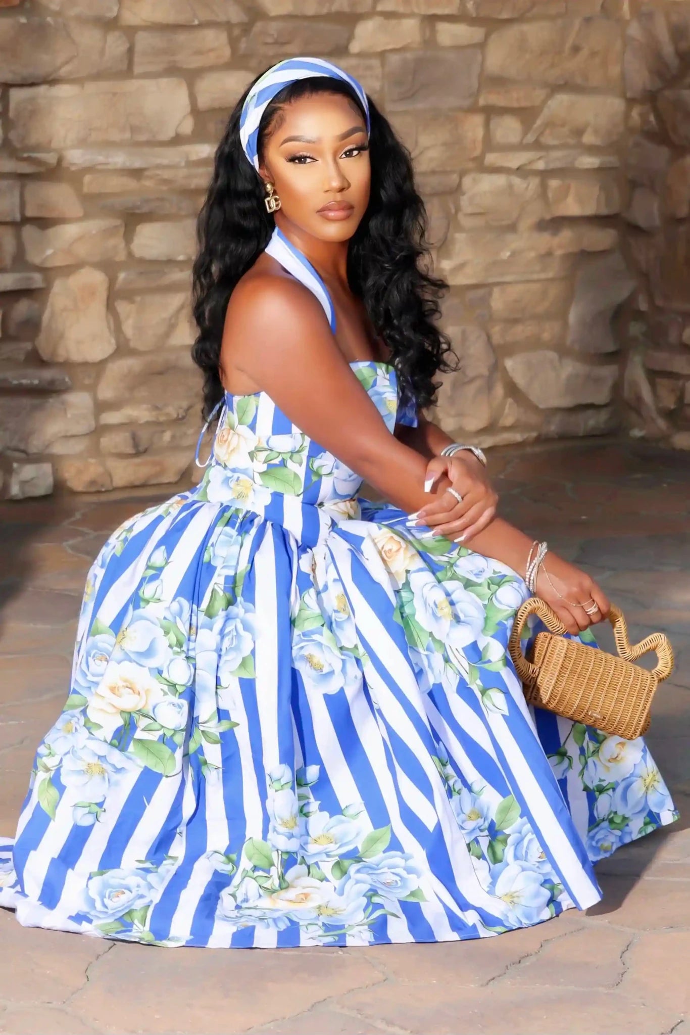 Celine Blue Striped Floral Corset Maxi Dress Clothing Ellaé Lisqué