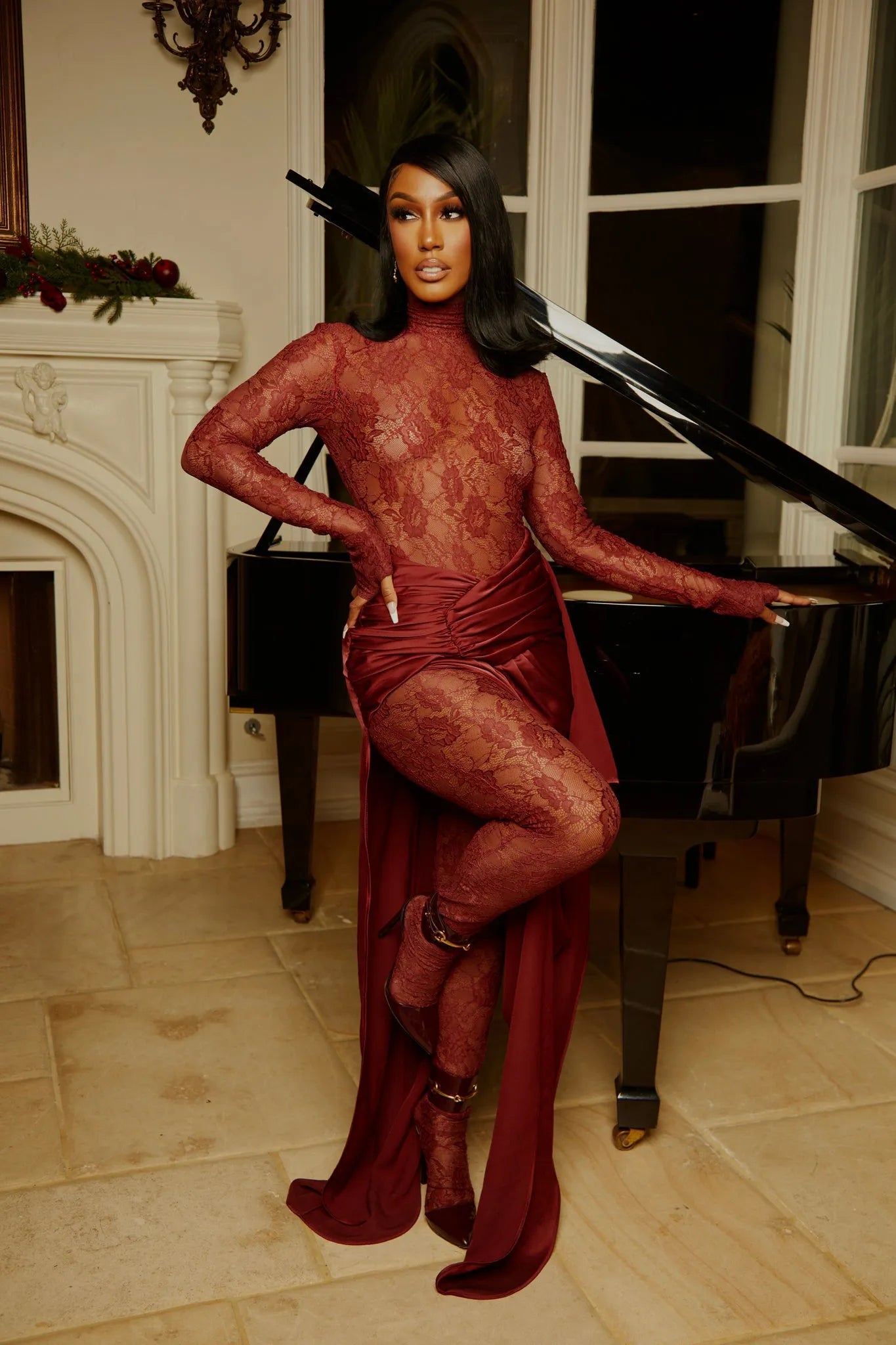 Fall in Love Wine Red Lace Catsuit Dresses Ellaé Lisqué