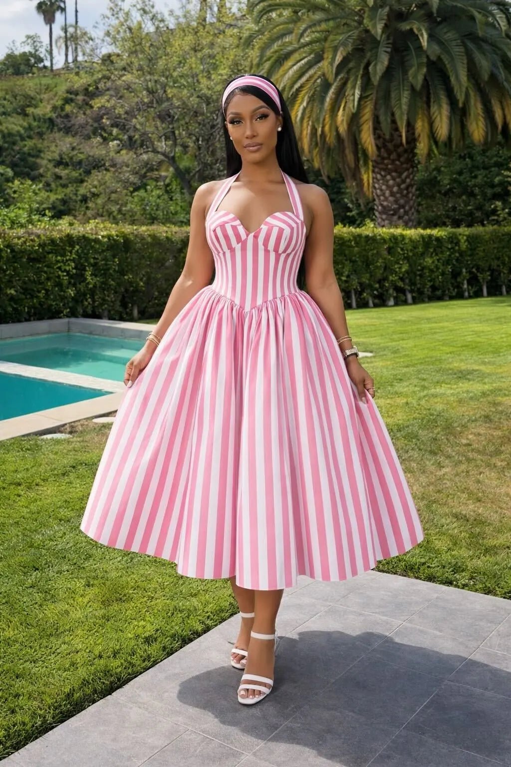 Ivana Pink Striped Puffed Maxi Dress - Ellaé Lisqué