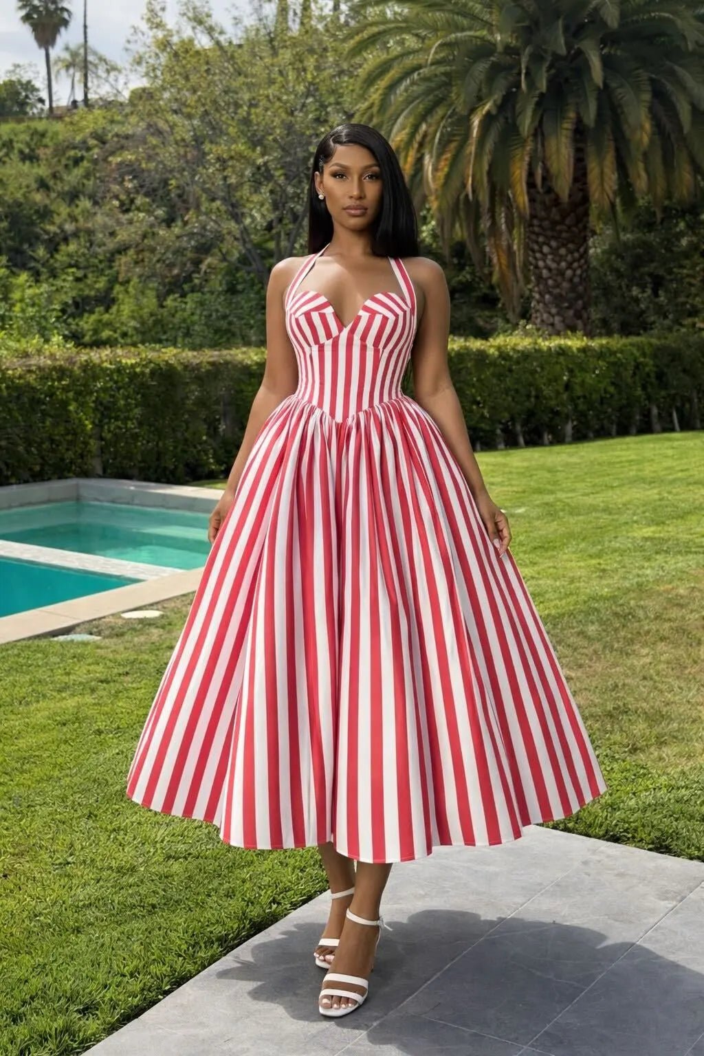 Ivana Red Striped Puffed Maxi Dress - Ellaé Lisqué