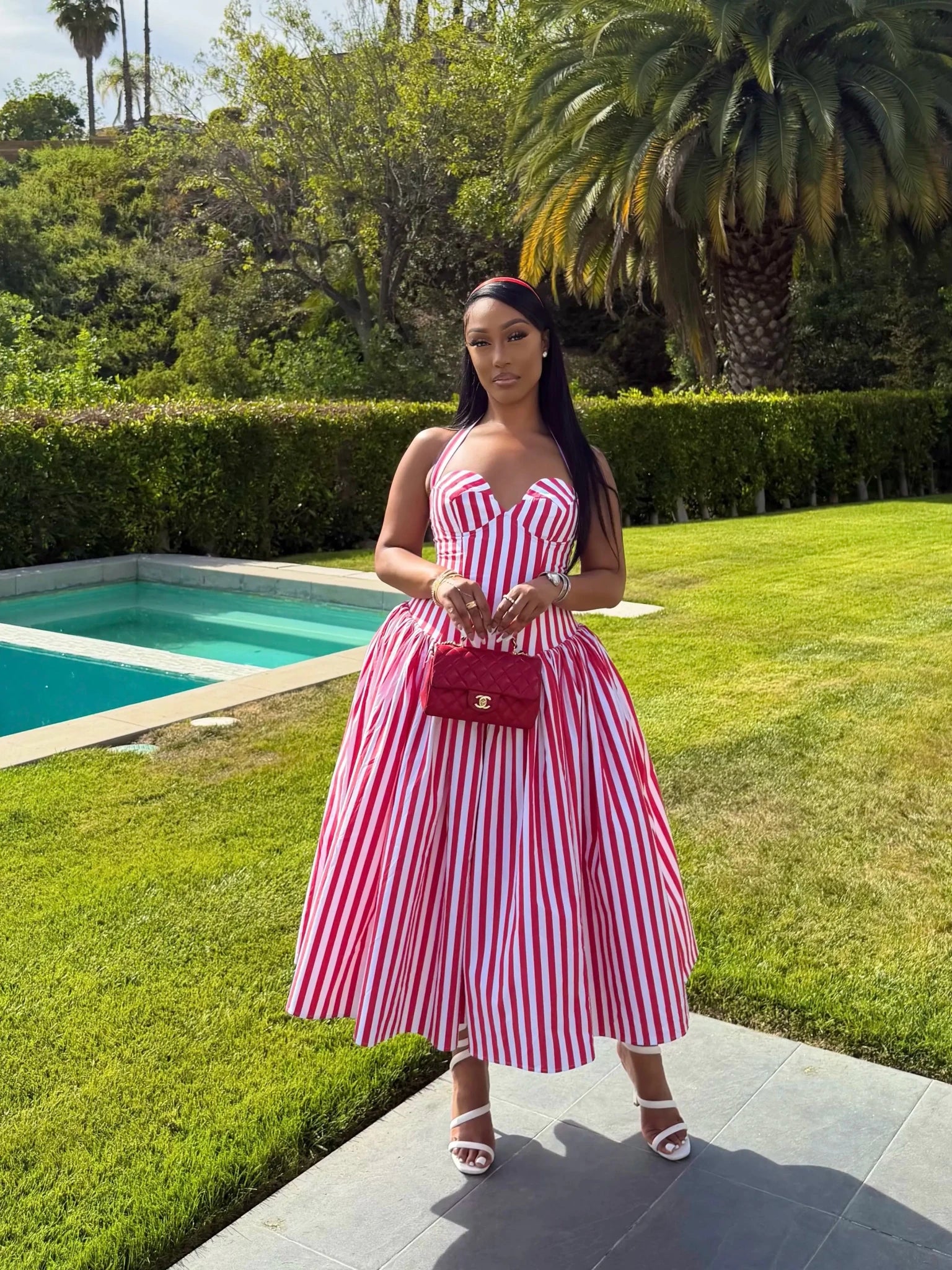 Ivana Red Striped Puffed Maxi Dress - Ellaé Lisqué