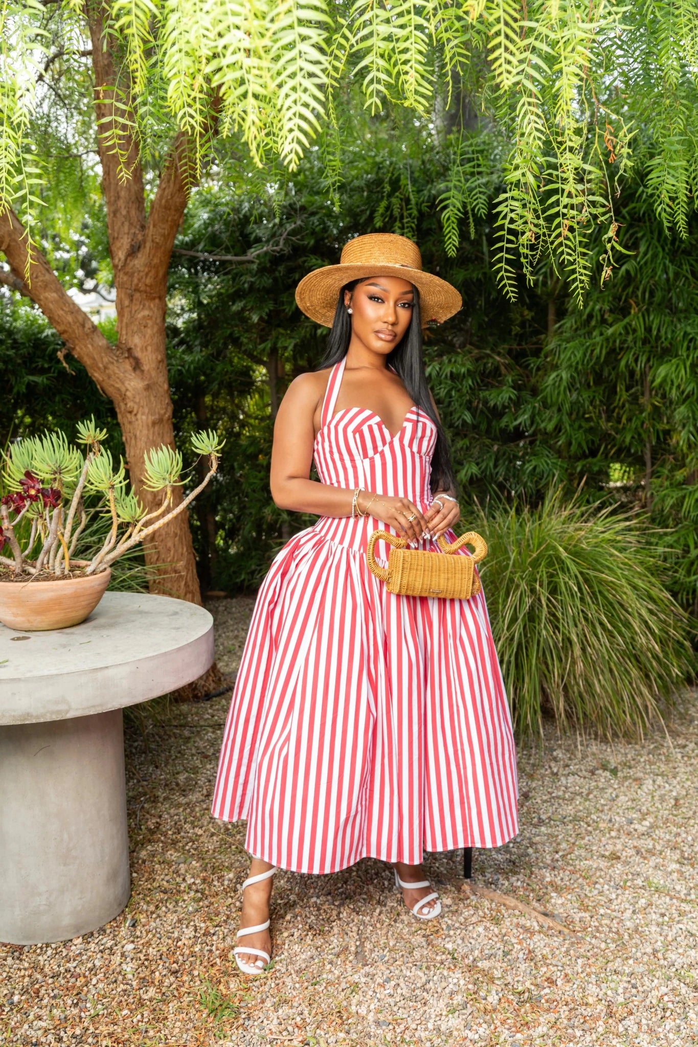 Ivana Red Striped Puffed Maxi Dress - Ellaé Lisqué