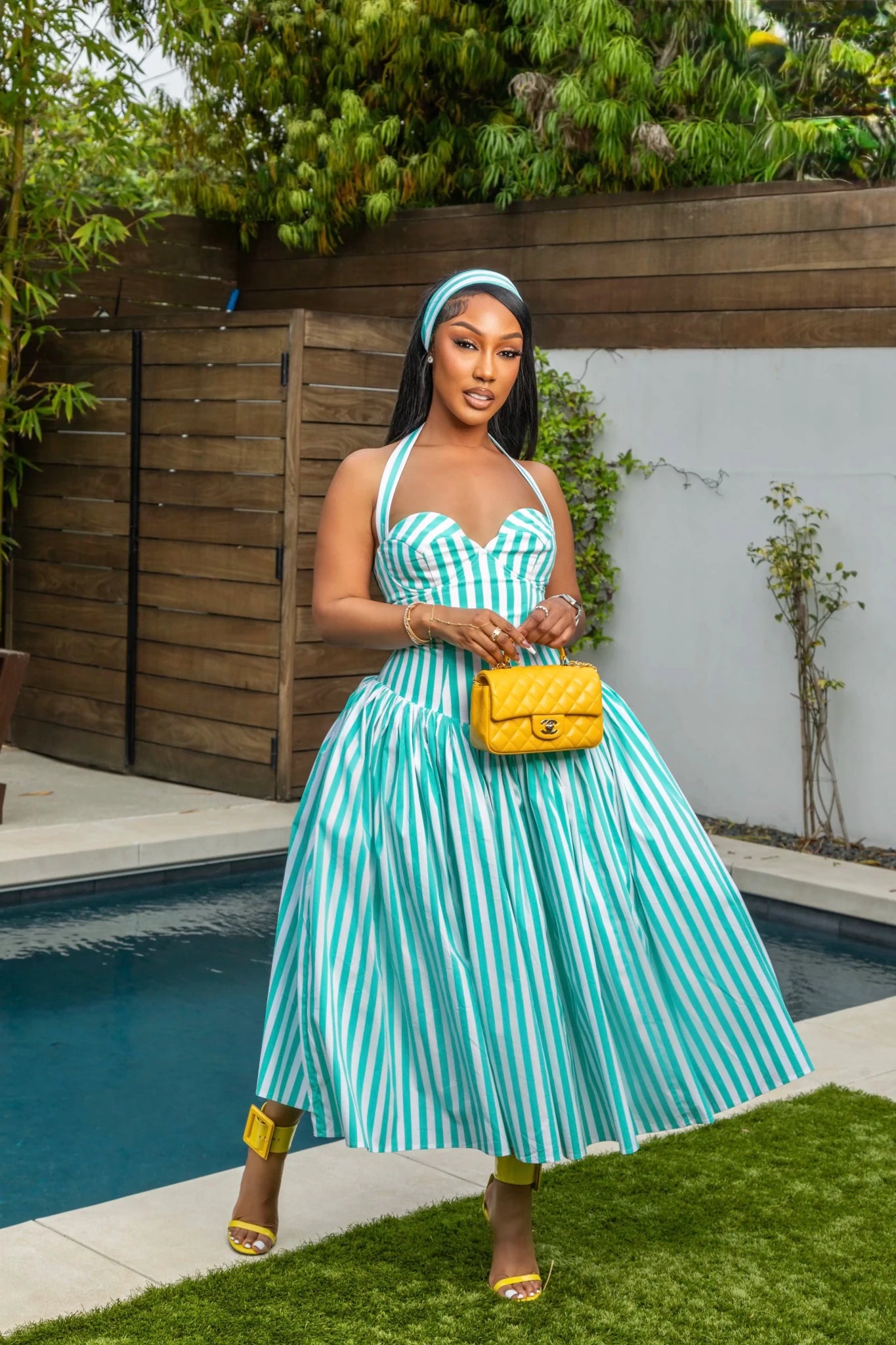 Ivana Teal Blue Striped Puffed Maxi Dress - Ellaé Lisqué