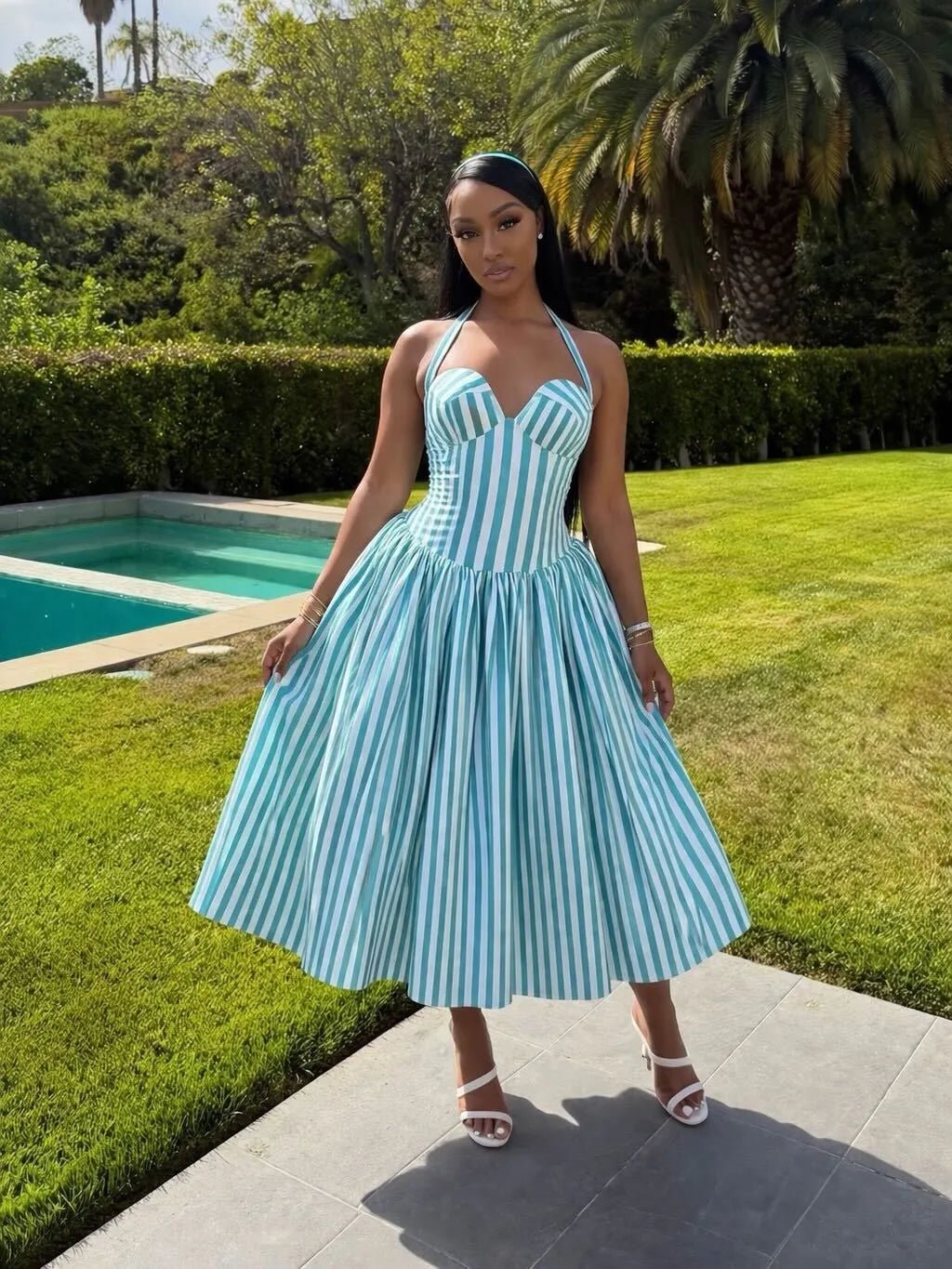 Ivana Teal Blue Striped Puffed Maxi Dress - Ellaé Lisqué