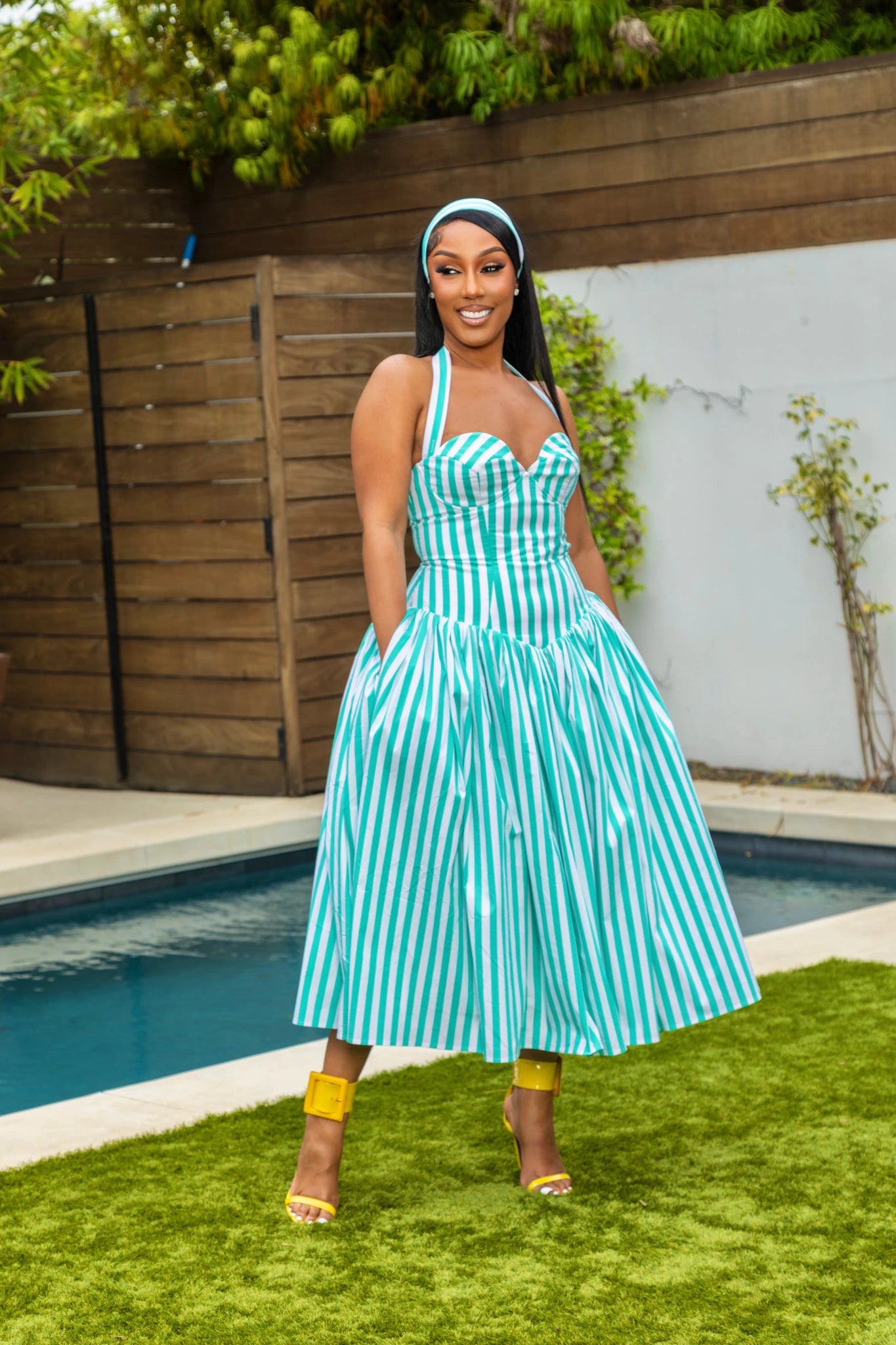 Ivana Teal Blue Striped Puffed Maxi Dress - Ellaé Lisqué