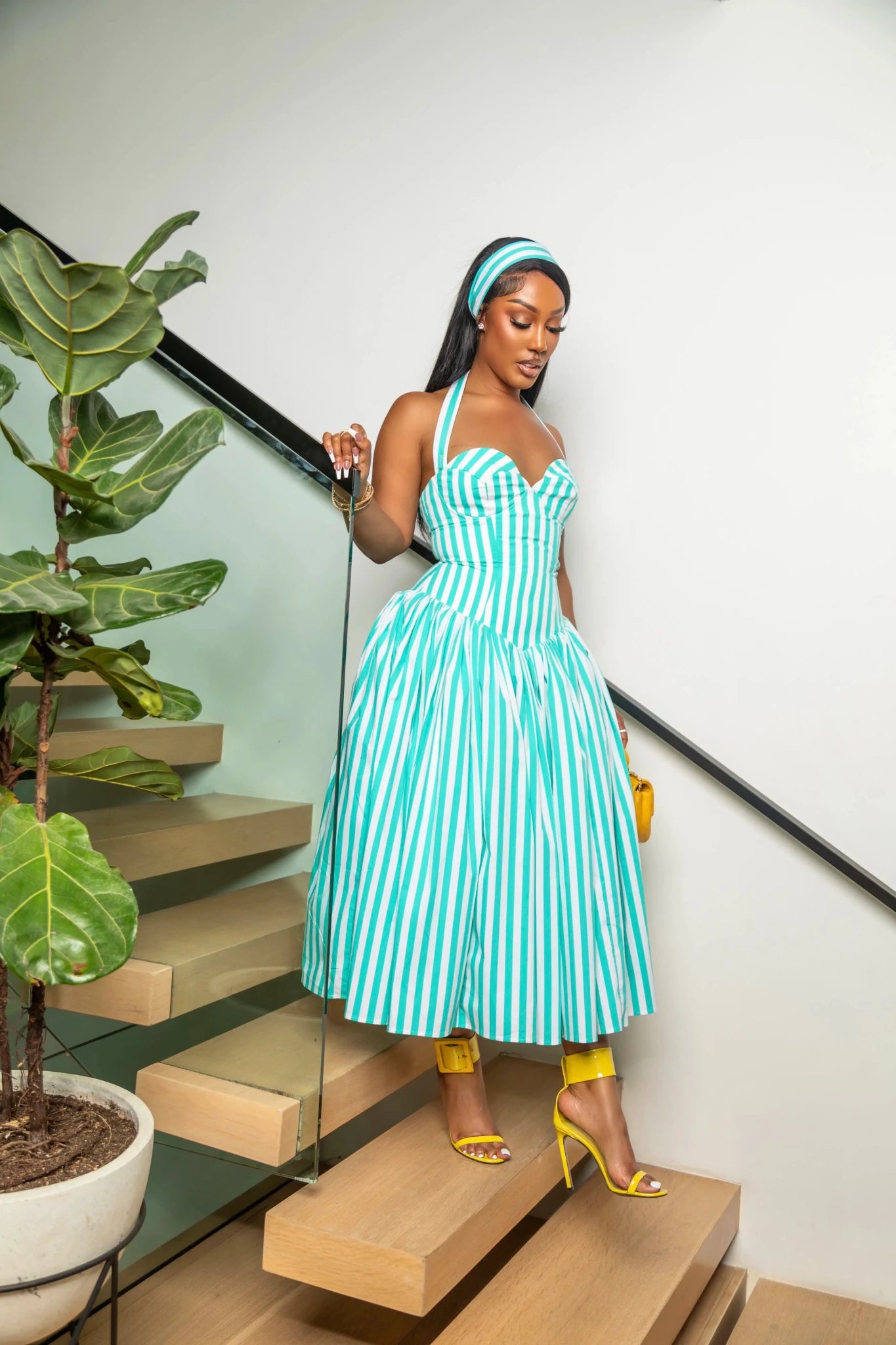 Ivana Teal Blue Striped Puffed Maxi Dress - Ellaé Lisqué