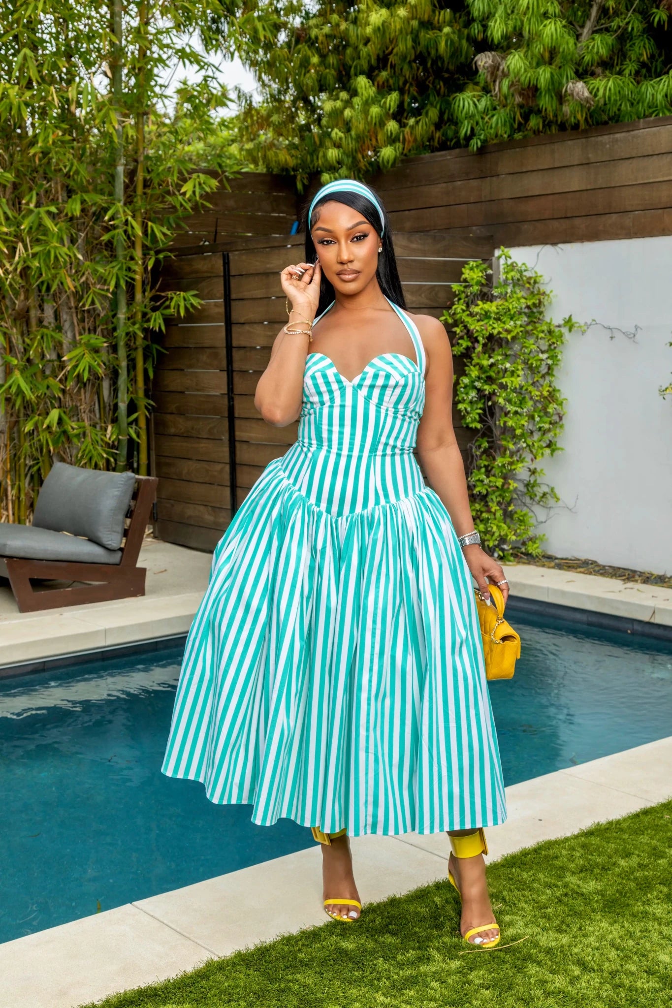 Ivana Teal Blue Striped Puffed Maxi Dress - Ellaé Lisqué