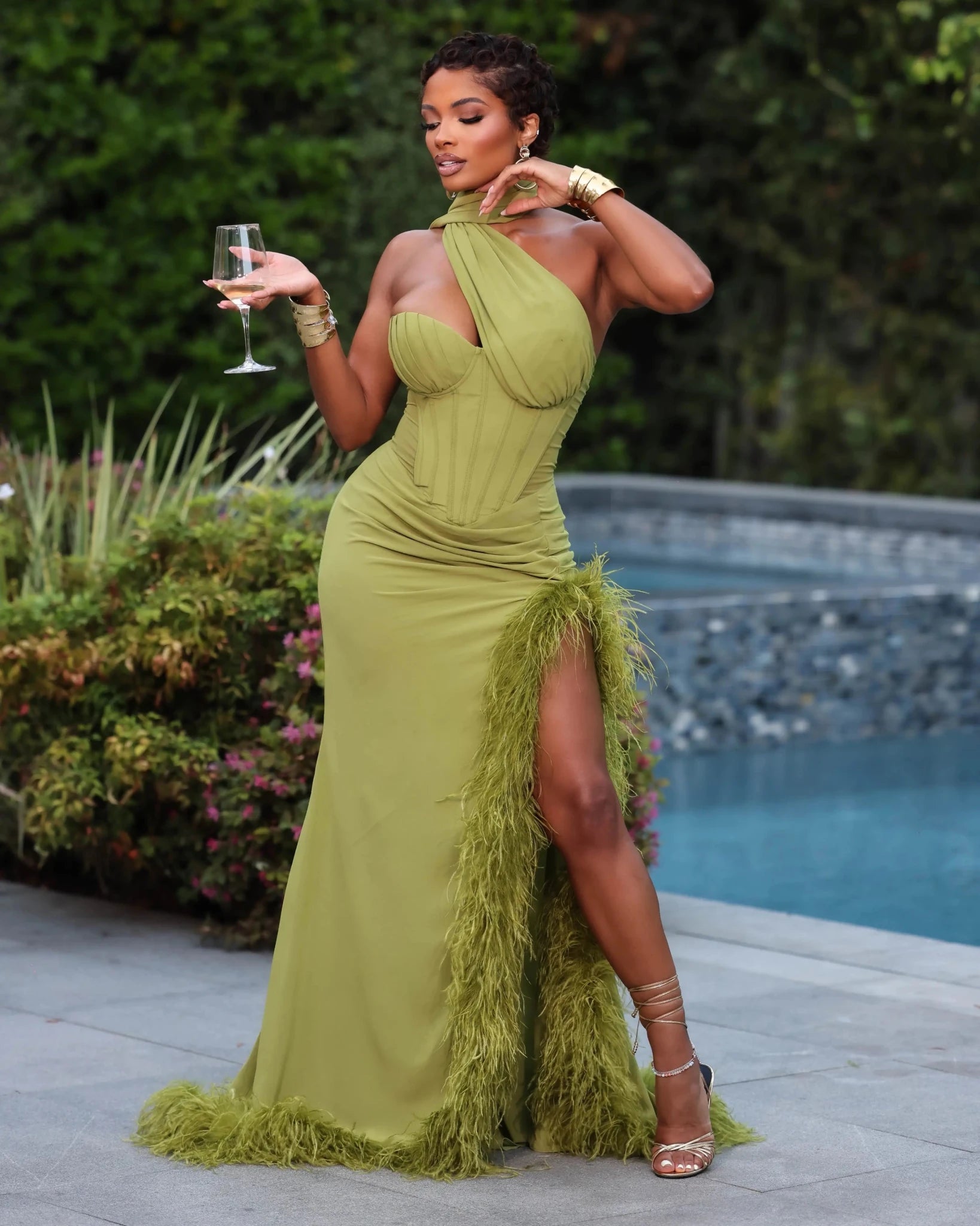 Jasmine Green Corset Feather Slit Gown – Ellaé Lisqué