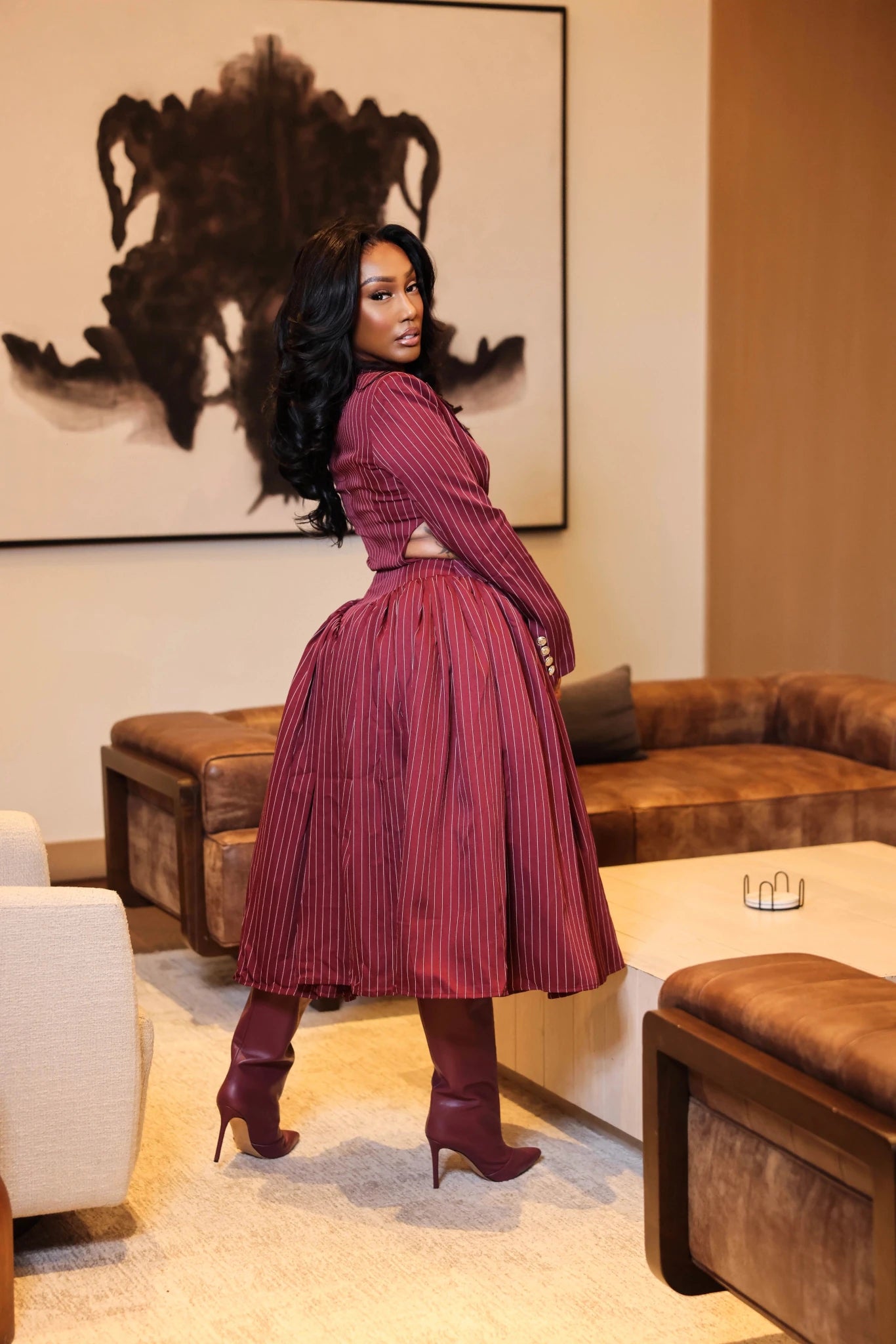Jessie Burgundy Cutout Pinstripe Blazer Puff Dress - Ellaé Lisqué